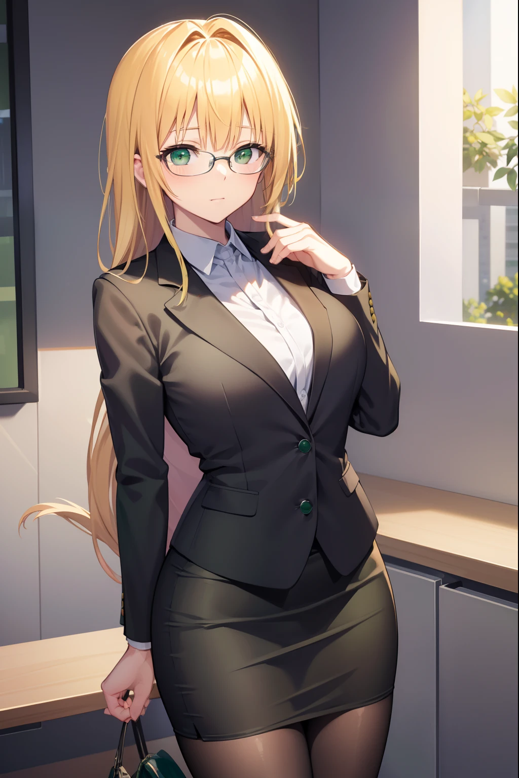 Lunatierke Tiaguet, Whimsical tears, Blonde hair, (Green eyes:1.5), Hair intake, Long hair, low-tied long hair, Glasses,
Breaking a business suit, Formal, Jacket, pantyhose, pencil skirts, Skirt, Skirt suit, Suit, thighs thighs thighs thighs, Black Suit, Black jacket, Black skirt,
BREAK looking at viewer,
Break indoors, crass room,
BREAK (masutepiece:1.2), Best Quality, High resolution, Unity 8k壁纸, (Illustration:0.8), (Beautiful detailed eyes:1.6), extra detailed face, Perfect Lighting, extremely details CG, (Perfect hands, Perfect Anatomy),