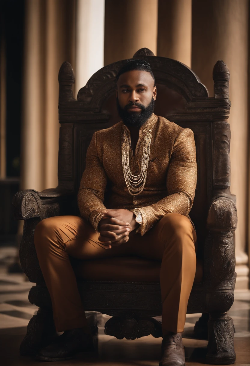 brown skinned King,physically well built, sitting on throne,regal pose