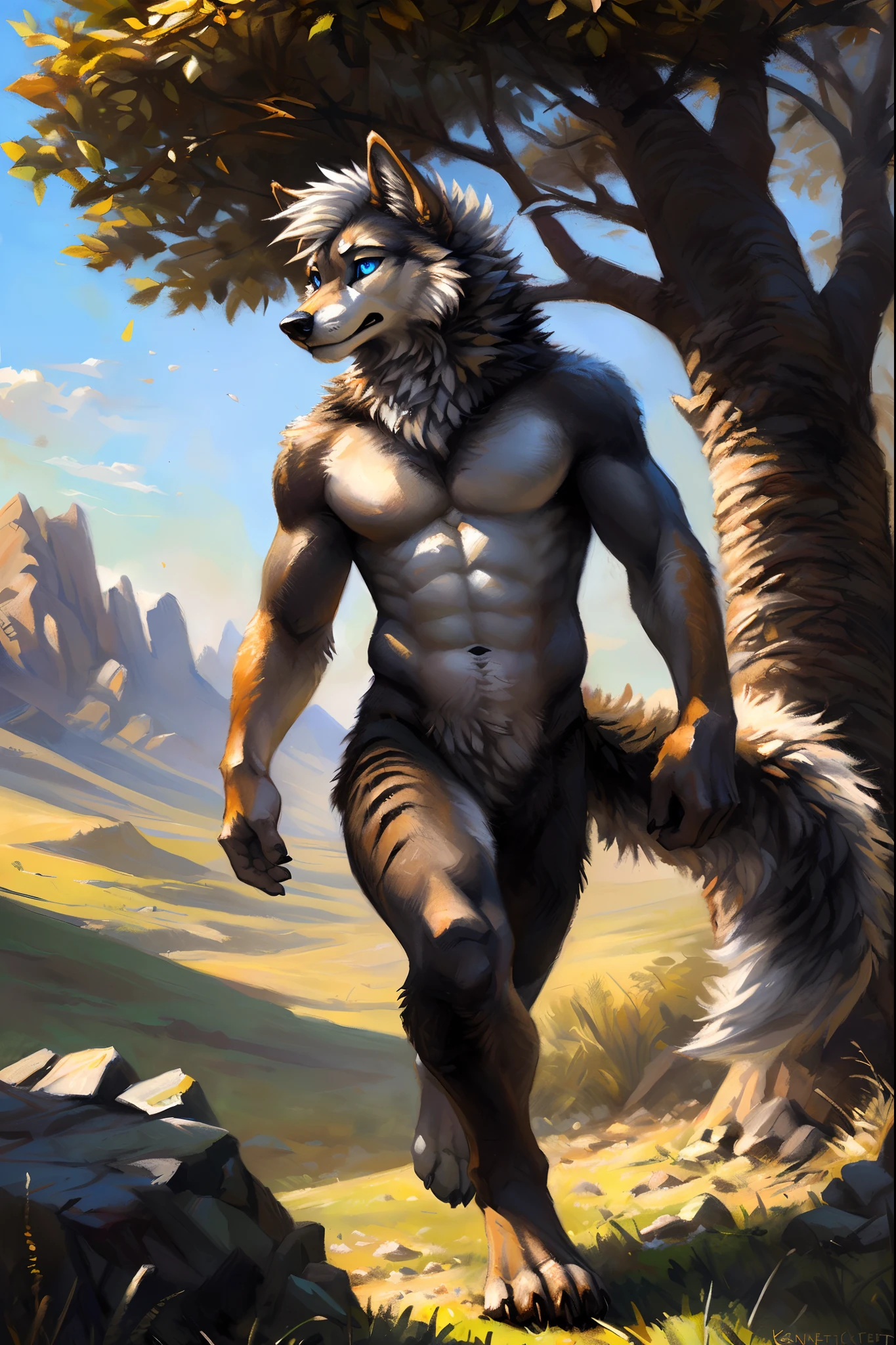 ((Solo)), male people, anthro wolf, (Multi-colored fur, White-brown:1.3，White tail pointed), (Height 2.1m,Tail length 1.5m), ((Wolf face, Big eyes, White eyelids, Blue pupil, Slim:1.2) (Tough, Calm expression:1.2)), Abs, Slim, pinging)), (Correct anatomy), Naked all over the body,A long big tail，Feet，(Realistic fur, Detailed fur texture, labeled:1.3)), (Natural lighting), Photorealistic, Hyperrealistic, ultradetailed, by Kenket，Field，No artifacts