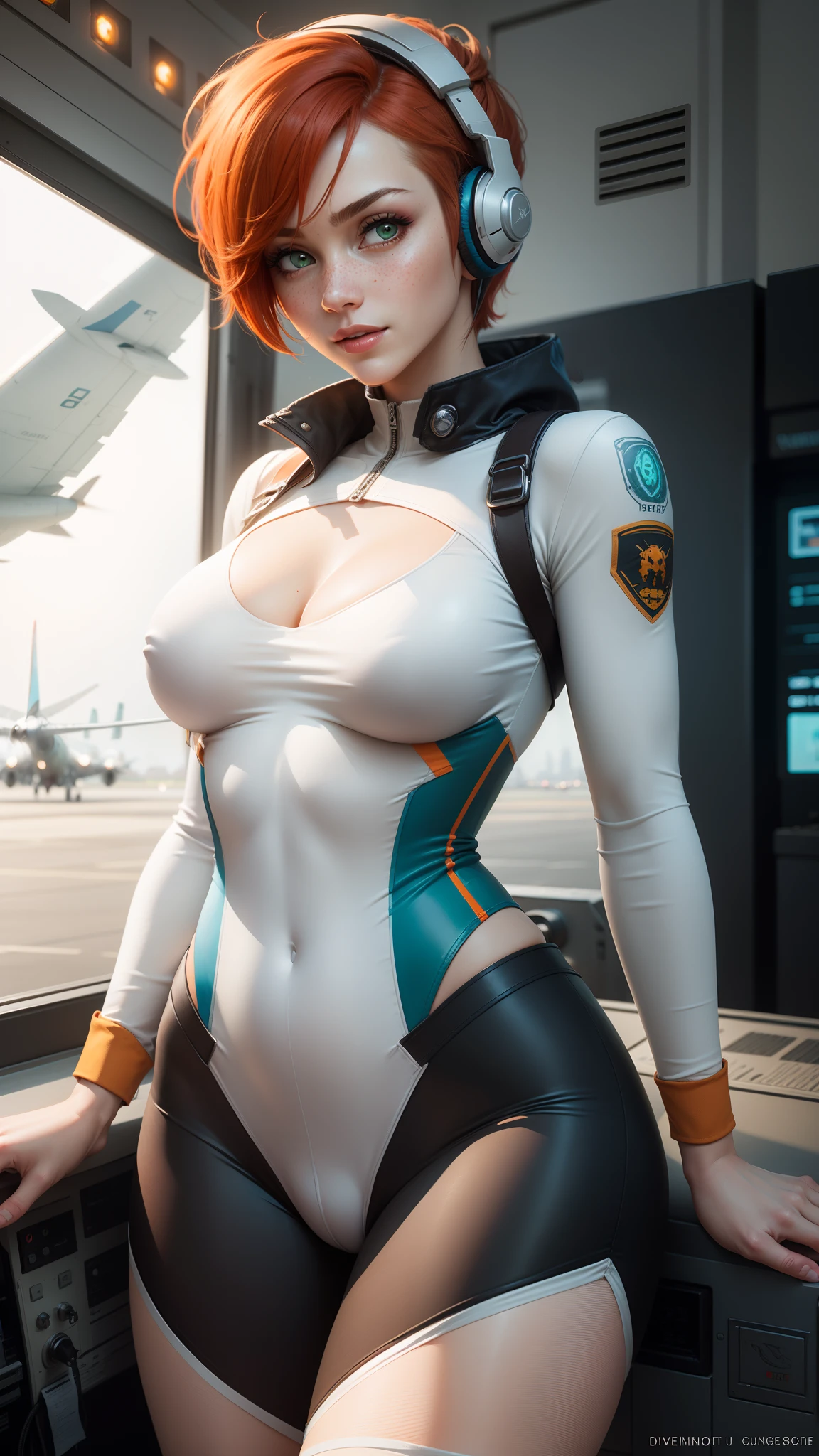 gwen tennyson,1girl,tracer,elsa,rebecca chambers,overwatch,gundam,close up,mecha pilot,airport,white and blue plugsuit,hair pin,pirate corset, white long sleeve lycra top,orange leggings,short hair,cute makeup,green eyes,orange and blue hair,shy smile, freckles,redhead,beautiful girl,large breasts,ultra detailed,realistic,fantasy art, gaming headset,pilot jacket,flying an airplane,