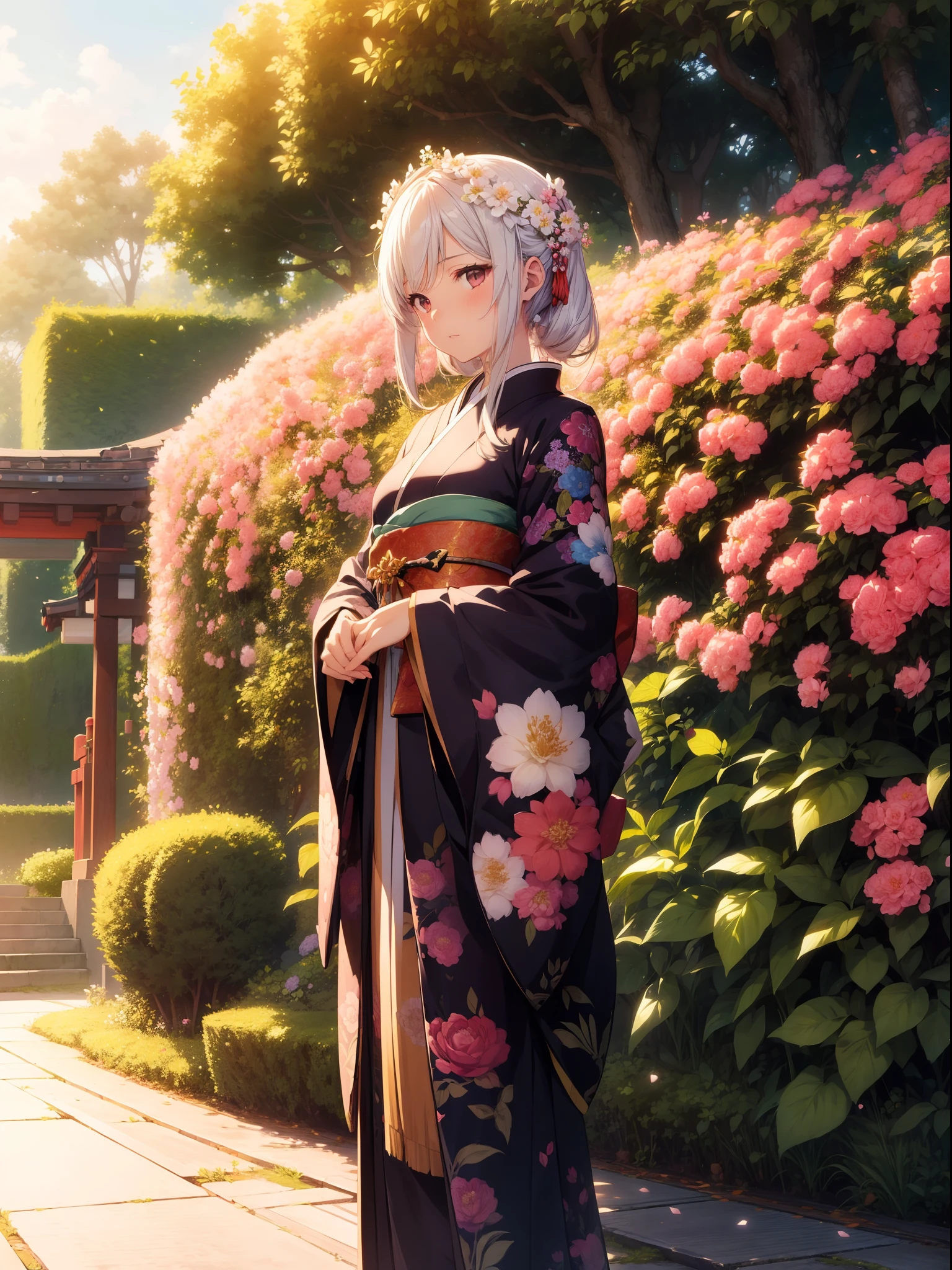 1 girl , standing in front of flowers hedge ,character focus , Japanese clothing, background flowers hedge ,upper body ,high resolution,(incredibly absurdres),anime visual,extremely detailed CG unity 8k wallpaper, ((masterpiece)), ((top-quality)), (beautiful illustration), ((an extremely delicate and beautiful))