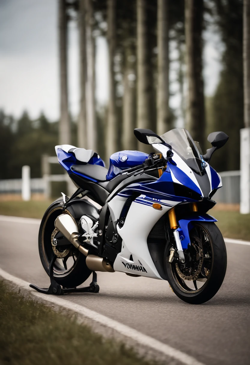 Experience the thrill of the race with a stunning 8k image of a Yamaha YZF R125 motorcycle on the HOCKENHEIMRING. The white Yamaha R1 with golden rims adds a touch of luxury to this high-speed shot, captured with a Canon camera lens for the best quality.