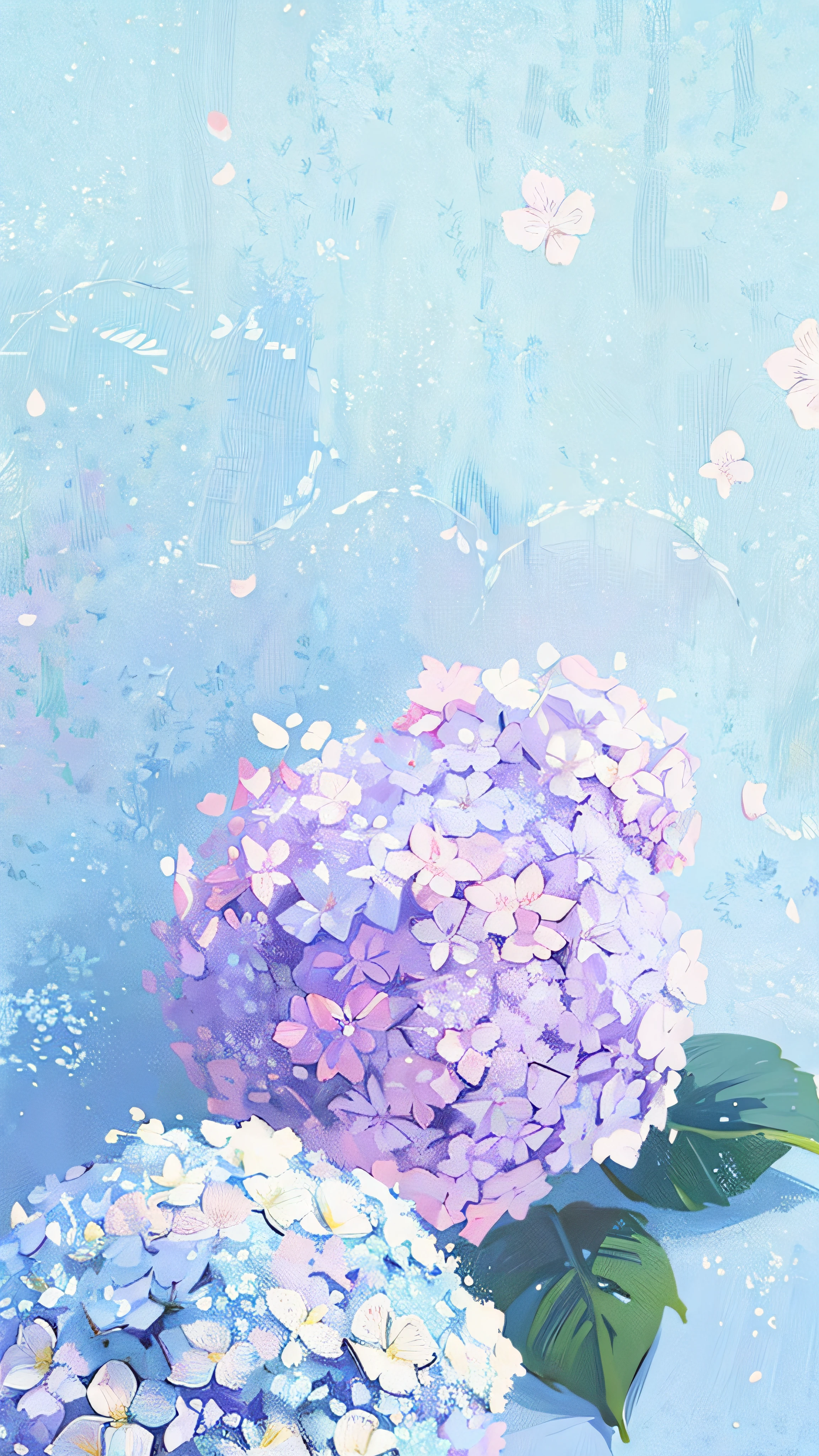 ((Best Quality, 8K, Masterpiece: 1.3)), there are two purple and white flowers in a vase on a table, deity of hydrangeas, hydrangea, pastel colored, in pastel colors, beautiful image, lilac, pastel flowery background, flowers in background, soft flowers, pastel faded effect, magical flowers, wallpaper aesthetic, pastel purple background, background image, seasons!! : 🌸 ☀ 🍂 ❄, iphone background
