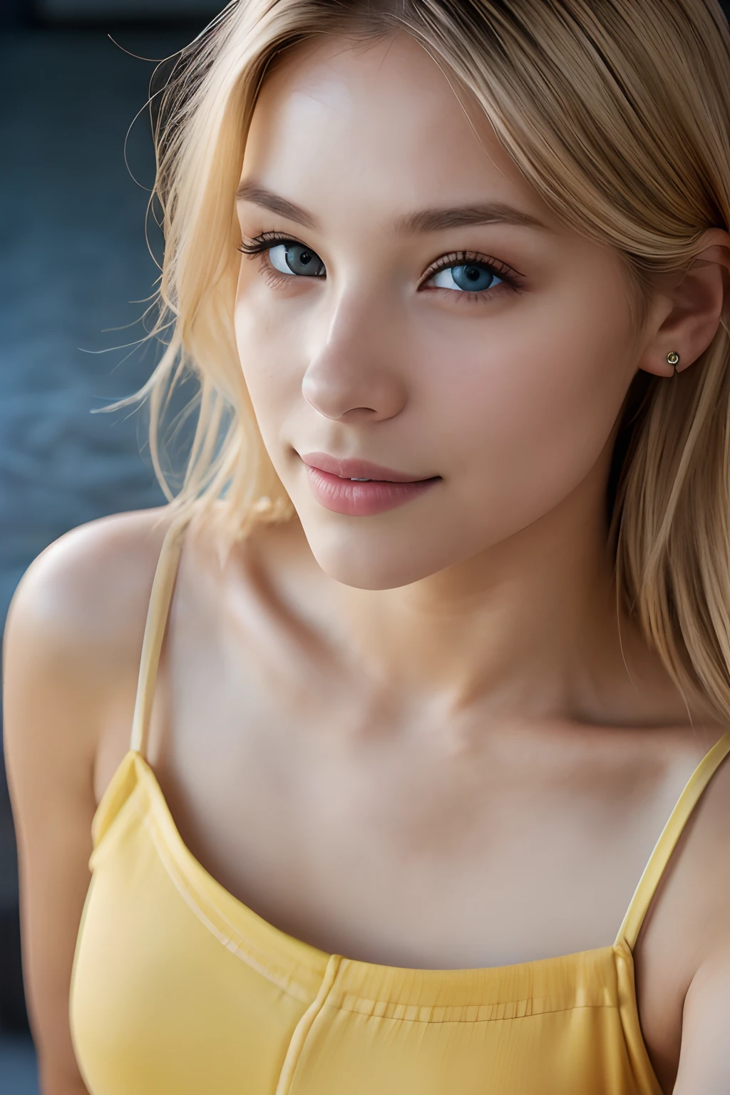 (selfie shot, from above: 1.4), (half-body portrait: 1.4), 24-year-old blonde (hazel eyed woman) standing in her room RAW uhd portrait photo, natural breast_b, room background , (yellow sundress), (crack), detailed (texture!, hair!, shine, color!!, flaws: 1.1), highly detailed glowing eyes, (looking at camera), specular light, dslr, extreme quality, sharp focus, sharp, dof, Film grain, (centered), Fujifilm XT3, crystal clear, center of frame, cute face, sharp focus, bokeh, (dark light), low key, night, (night sky ) detailed skin pores, complex eye details