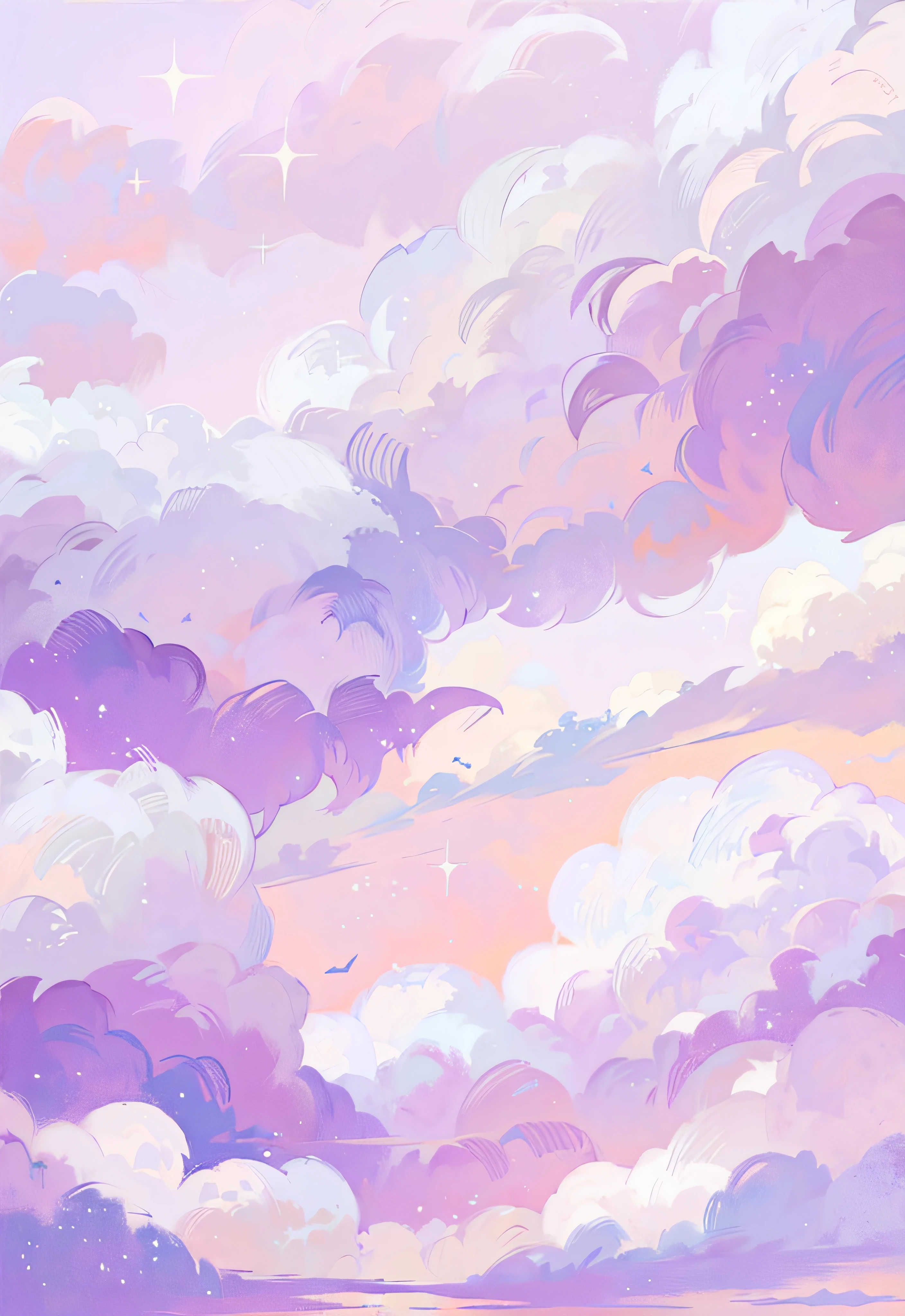 ((Best Quality, 8K, Masterpiece: 1.3)), purple and white clouds and stars in the sky, fluffy pink anime clouds, soft lilac skies, aesthetic clouds in the sky, fluffy pastel clouds, violet sky, dreamy clouds, dreamy sky, anime clouds, background art, mystic hue clouds, purple beautiful sky, clouds mystic hue, pastel sky, fantasy puffy sky, purple sky, pretty clouds, background is heavenly