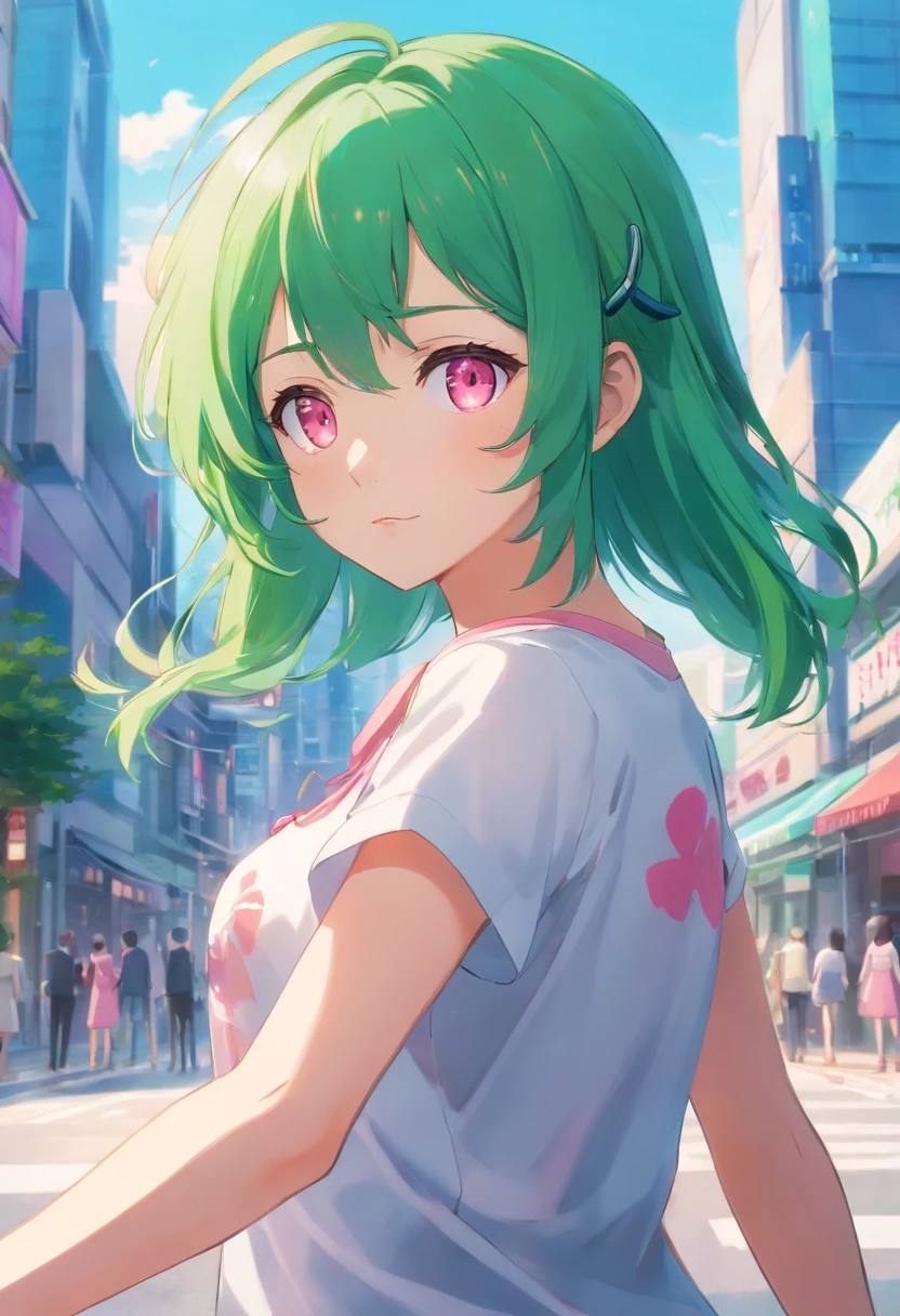 Anime girl holding hands with green hair and pink eyes, Inspired by a small screenshot, trending on pixiv, auto-destructive art, Visual Novel CG, visual novel, ; visual novel, closeup Iwakura Lain, higurashi, anime moe art style, in ryuuou no oshigoto art style