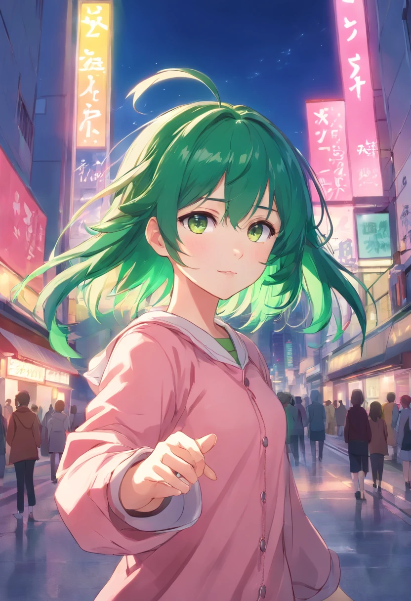 Anime girl holding hands with green hair and pink eyes, Inspired by a small screenshot, trending on pixiv, auto-destructive art, Visual Novel CG, visual novel, ; visual novel, closeup Iwakura Lain, higurashi, anime moe art style, in ryuuou no oshigoto art style