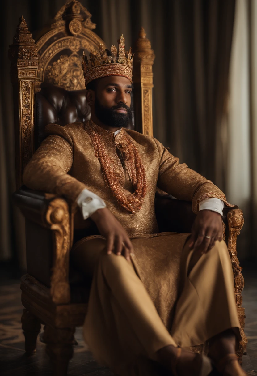 brown skinned King,physically well built, sitting on throne,regal pose