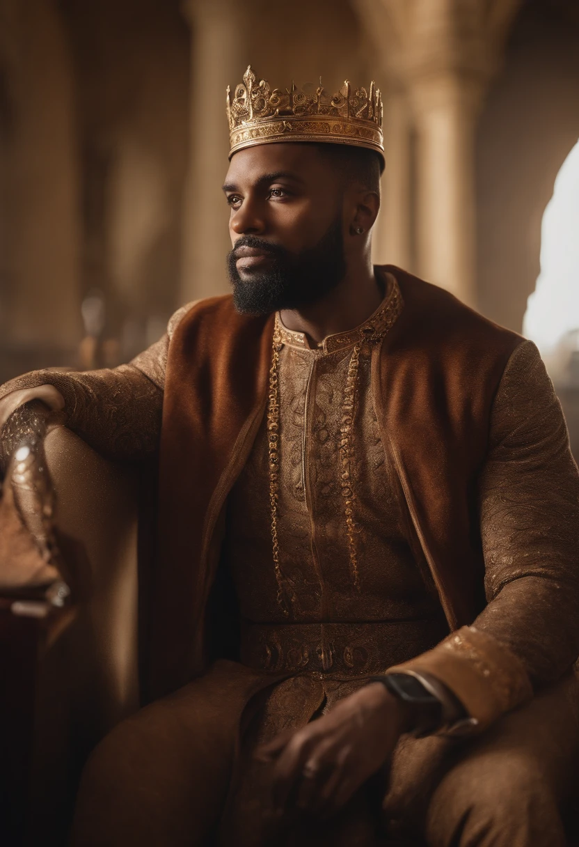 brown skinned King,physically well built, sitting on throne,regal pose