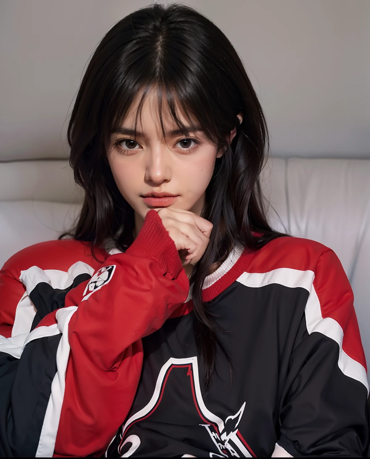 1girl,sitting on a cozy couch,cruzar as pernas,luz suave
