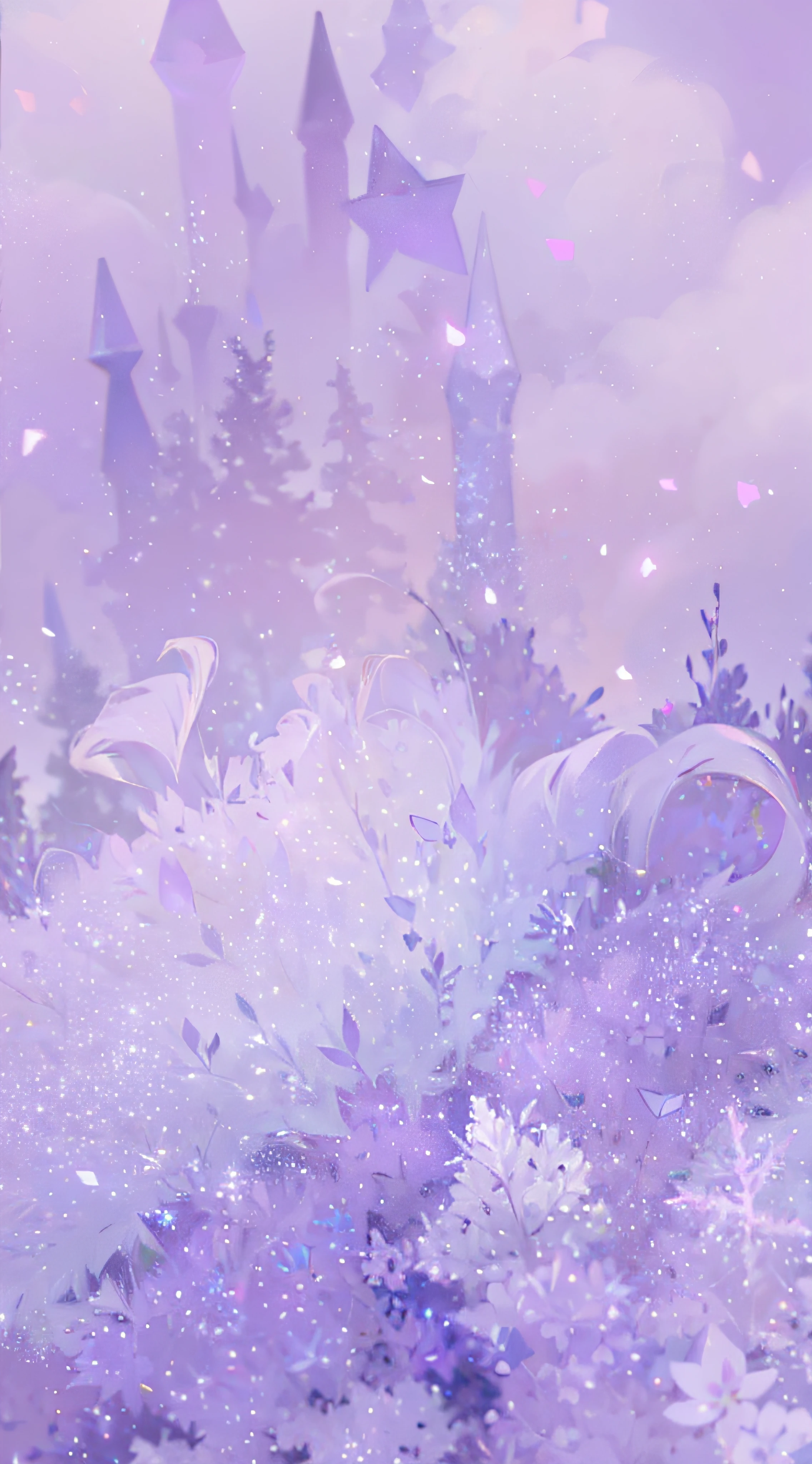 ((Best Quality, 8K, Masterpiece: 1.3)), purple and white glitter background with a lot of stars, purple sparkles, light purple mist, atmospheric crystal dust, soft purple glow, purple aethetic, pastel purple background, purple aura, glitter crystals, ethereal opalescent mist, sparkling crystals, purple mist, purple crystals, shiny glitter crystals, sparkling petals, luminous sparkling crystals, light purple, soft lilac skies