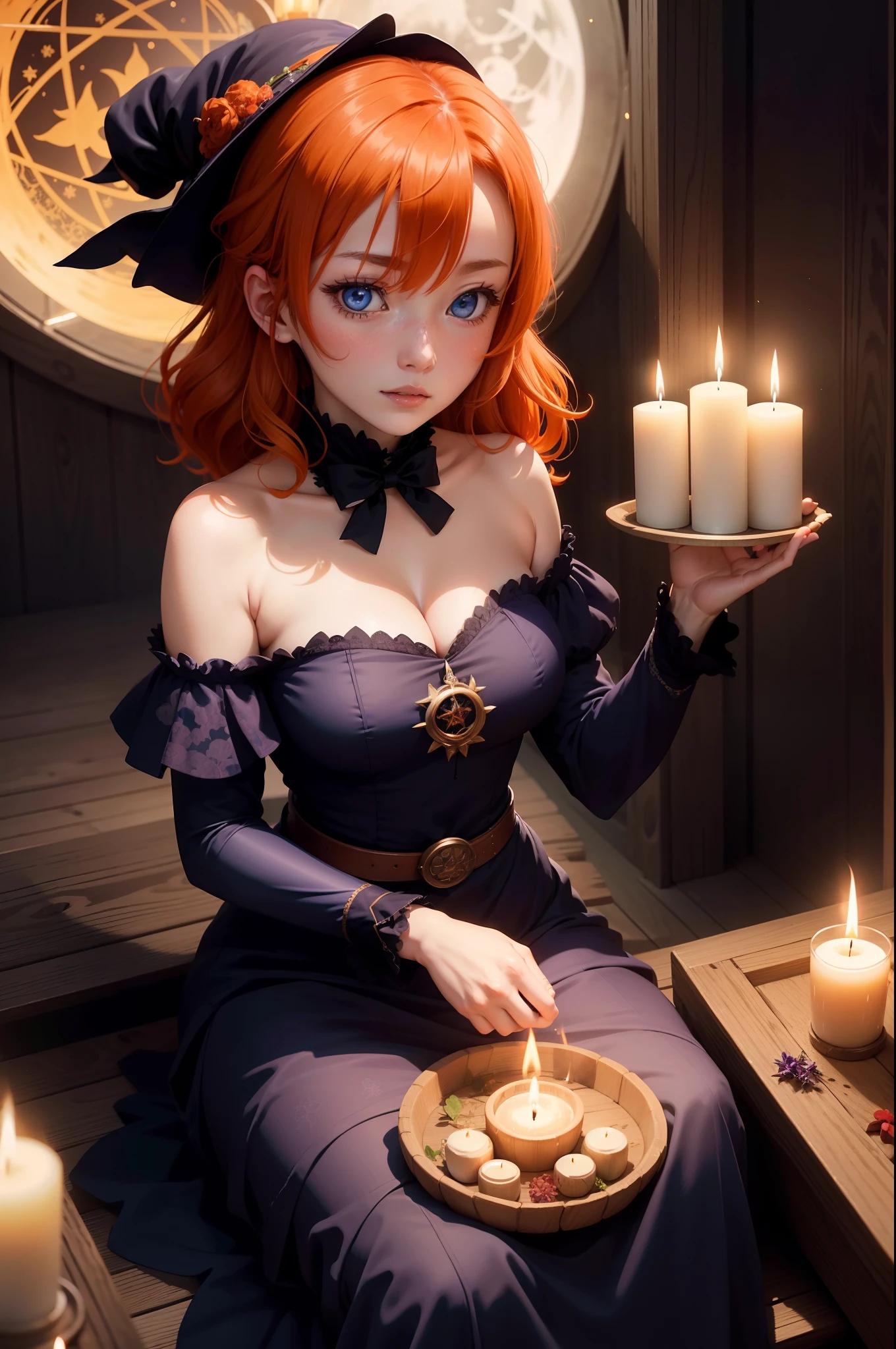 Kousaka honoka, blue eyes, orange hair,Witching Hour Ritual: An image of a witch silhouette against a full moon, surrounded by magical symbols, herbs, and glowing candles, invoking an air of mystical energy.