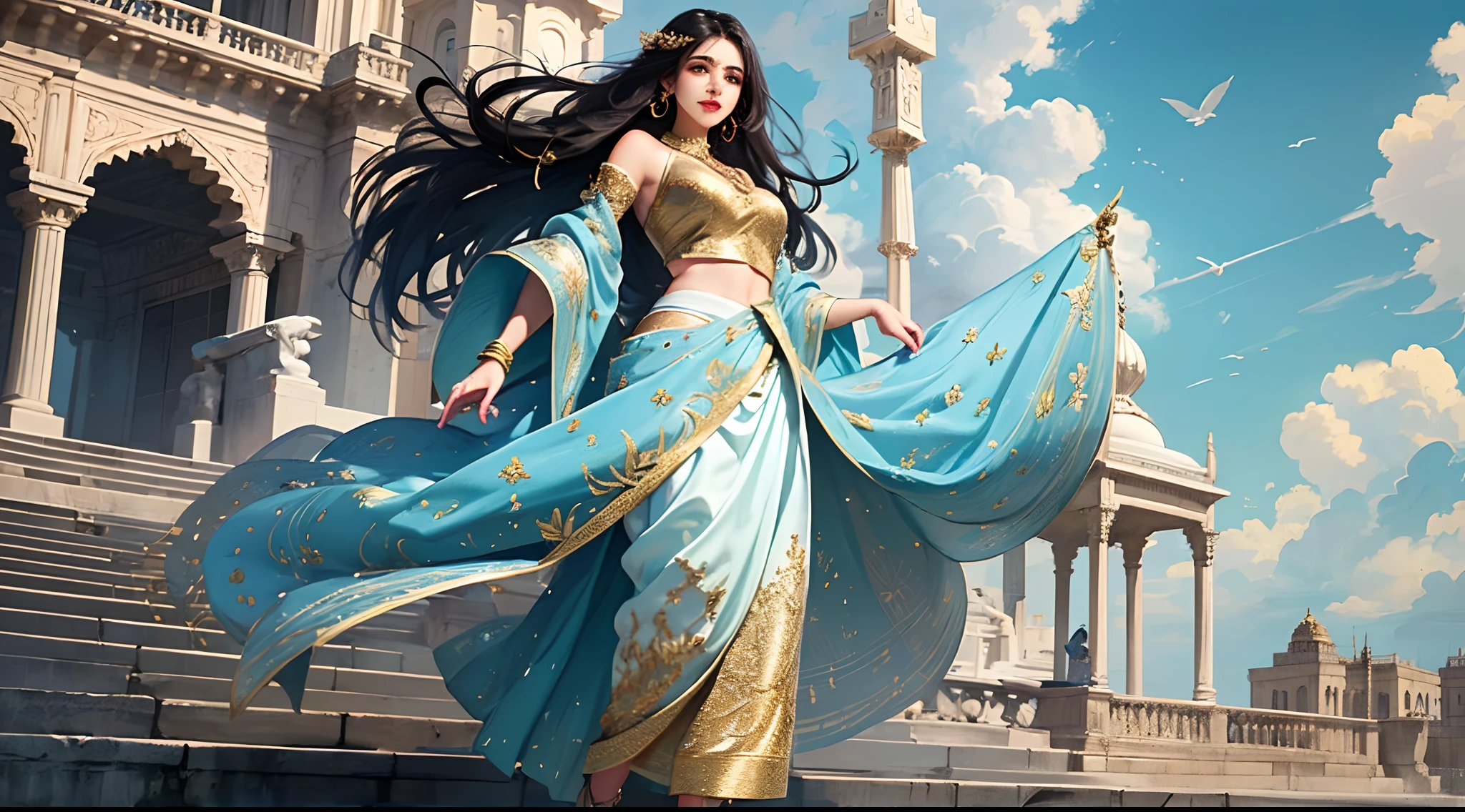 one very beautiful Indian teen girl wng blue sari, standing on balcony of beautiful mysterious white palace in top of the sky, palace in top of clouds, looking at sky, beautiful Indian girl, long black hair, very beautiful white teen girl, red lipsticks, complex designed sari, alone teen girl, smiling, black hair, wind blowing hair, front view, chubby teen girl, very beautiful white color skin, fully white color body, pure white skin tone, Indian origin, king's daughter, wearing heavy 24k pure gold made ornaments, gold glittering, full body view, joyful teen girl, fabulous, romantic, lovely, outdoor, highly detailed, daylight, cloudy sky, stormy air, birds flying in the sky