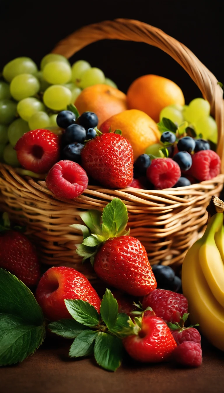 (best quality,4k,8k,highres,masterpiece:1.2),ultra-detailed,(realistic,photorealistic,photo-realistic:1.37),colorful illustration,basket of fresh and healthy fruits,crisp textures,juicy fruits,sumptuous colors,vibrant hues,fine details,meticulous rendering,lush green background,shimmering highlights,visual feast,lifelike fruits,basket overflowing with goodness,freshness and vitality,luscious strawberry,ripe red apple,juicy orange,sweet pineapple,bright yellow banana,healthy blueberries and raspberries,fresh green grapes,freshness captured artfully,bountiful harvest scene,abundance of fruit,celebration of nature's bounty,impeccable composition,rich color palette,playful arrangement of fruits,bursting with flavors,deliciously tempting scene,imagination brought to life,vivid and eye-catching,fruitful oasis in a basket