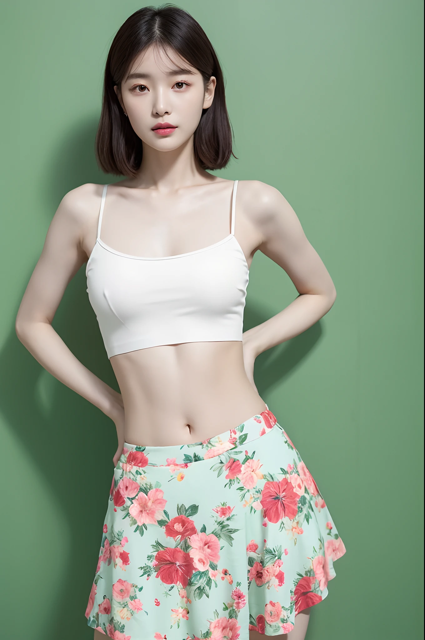 a woman in a floral crop top and mint skirt posing for a picture, croptop, crop top, bralette, wearing white camisole, bae suzy, wearing a camisole, physical : tinyest midriff ever, gorgeous young korean woman, heonhwa choe, cutecore, lulu chen, reluvy5213