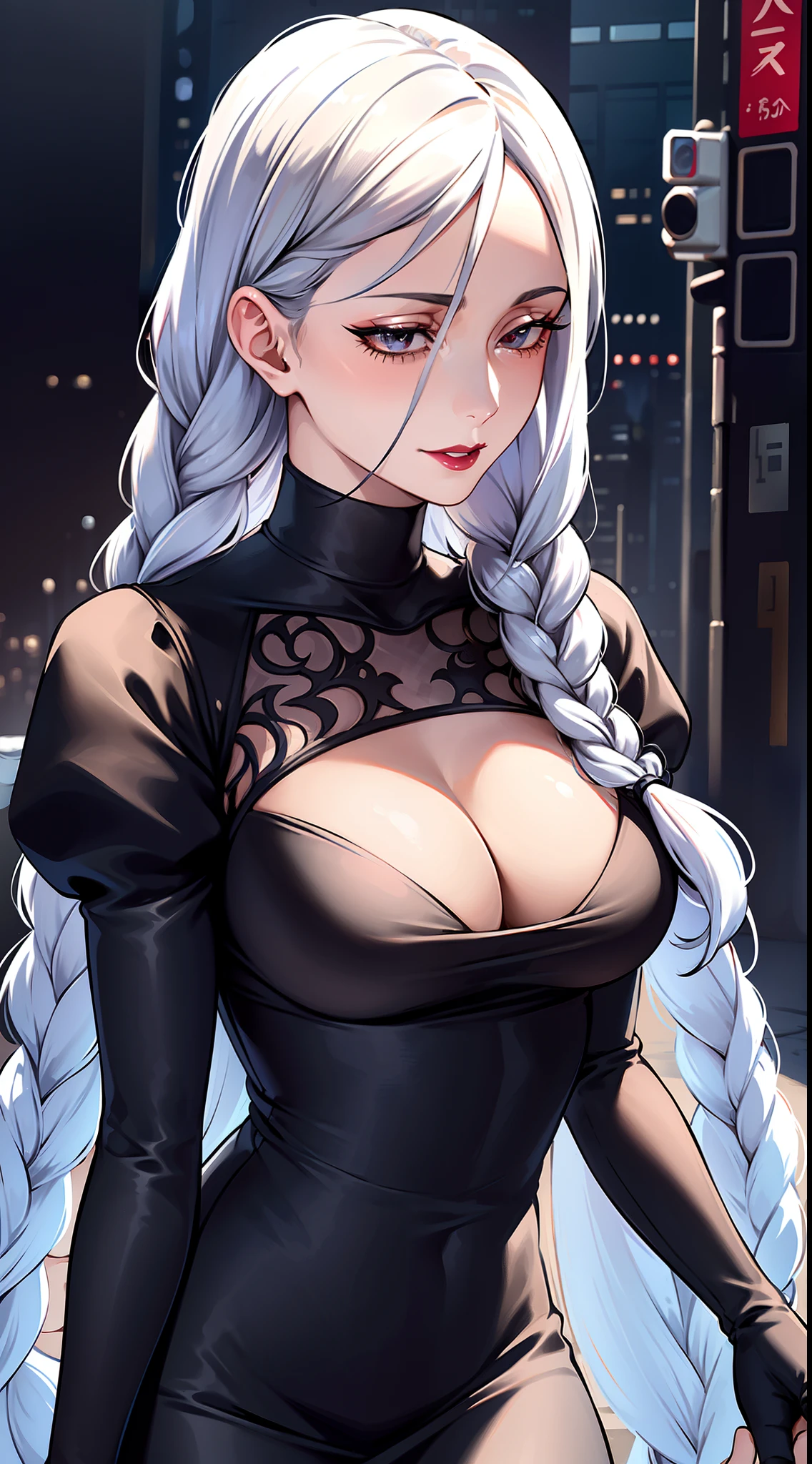 ultra realistic 8k cg, masterpiece, ((ultra detailed background, delicate pattern, intricate detail)), (highly detailed, fine details), best quality, 1girl, (photorealistic:1.4),beautiful lighting, absurdres, RAW photo, film grain, ((medium breasts, slim girl)), 1girl, MeiMei, solo, long hair, braid, dress, hair over one eye, smile, long sleeves, braided bangs, black dress, braided ponytail, white hair, puffy sleeves, holding, turtleneck dress, makeup, grey hair, red lips, one eye covered, lipstick, parted lips, single braid, (complex detailed background, outside, urban environment),