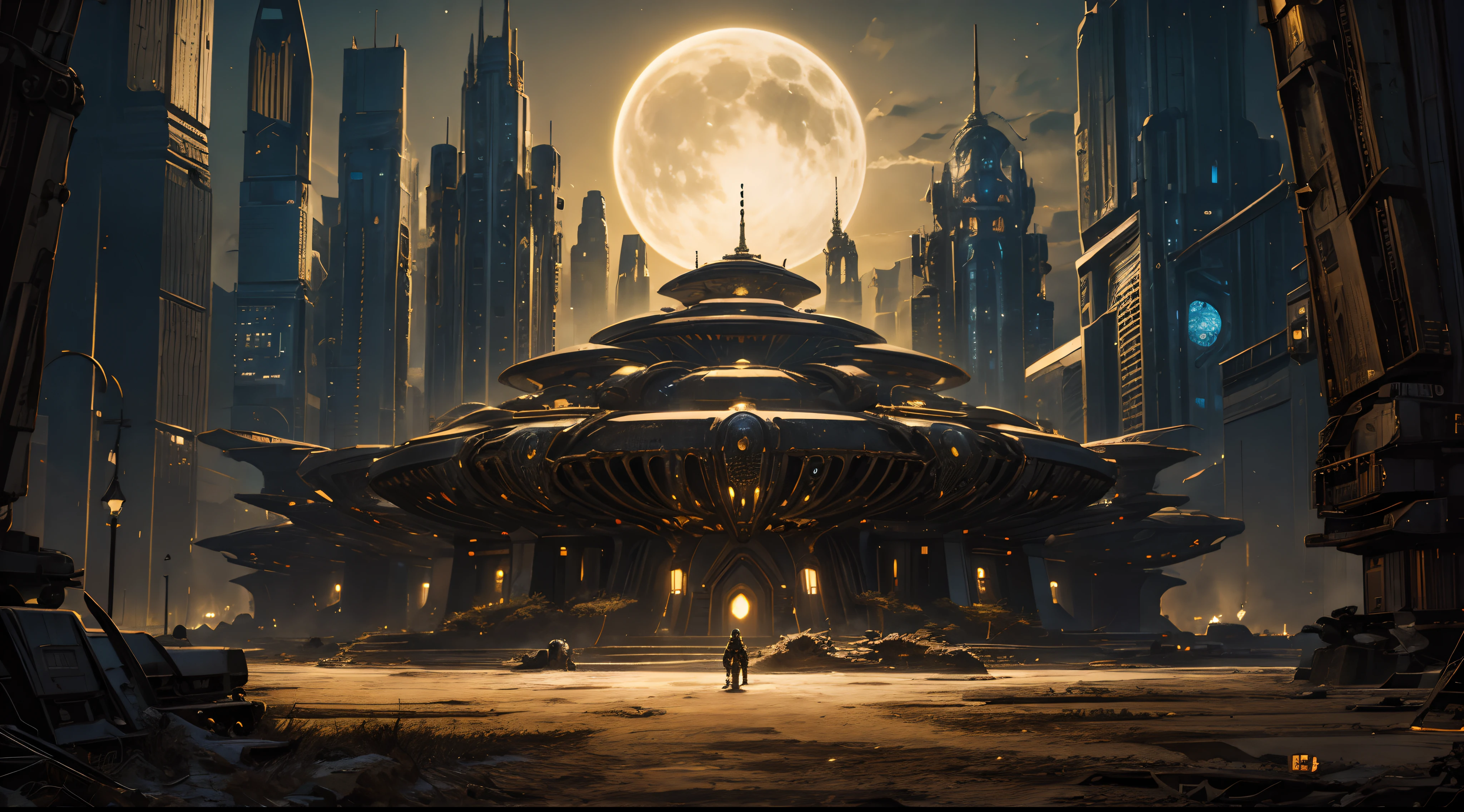 Anthill City, (hiquality), (beige colors), ( fine details), (in style of giger), overhead view, nightfall, Wide Frame