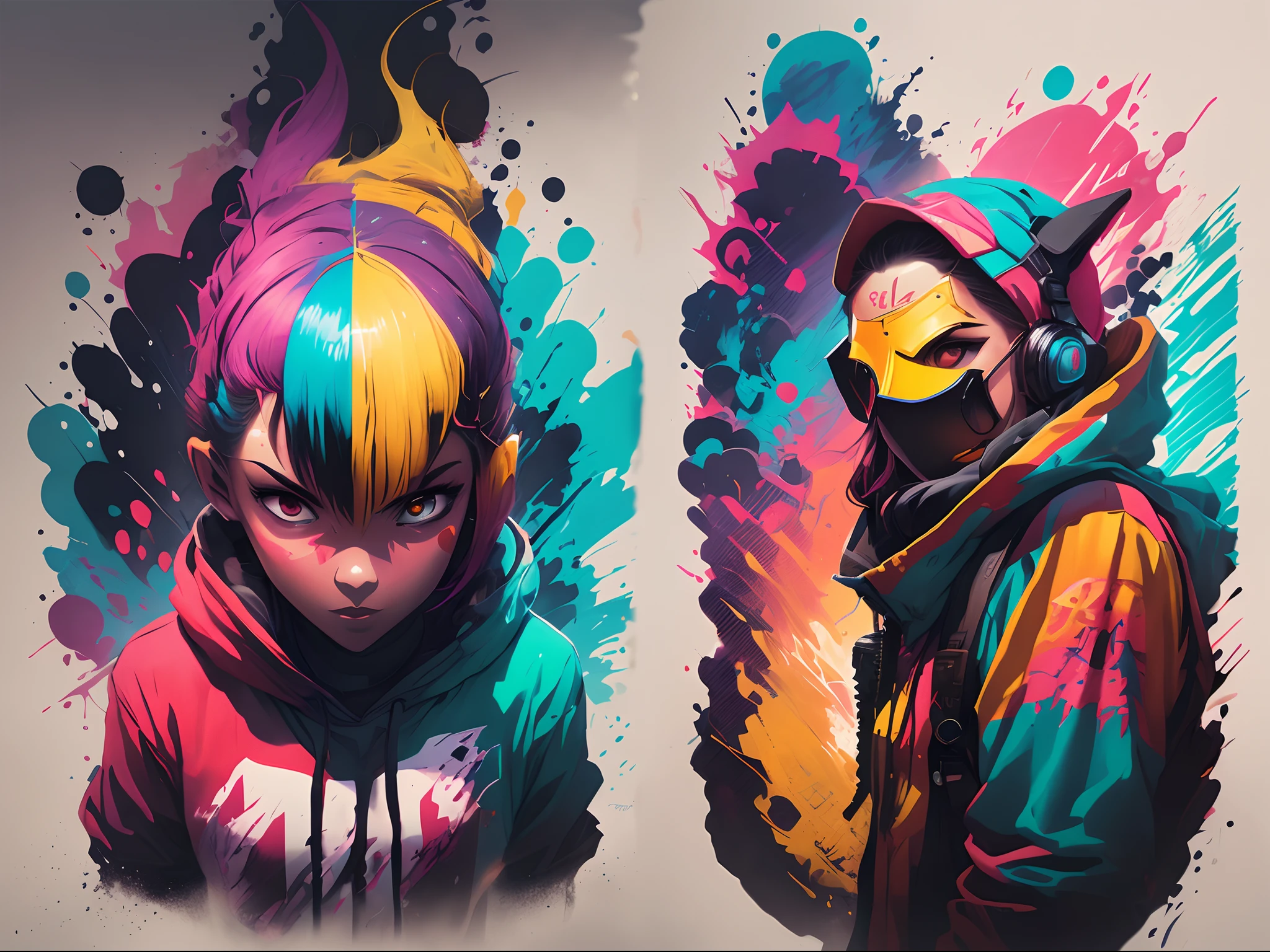 8k, a melhor qualidade, upscale, duas fotos de uma pessoa com um capacete e um capuz, rossdraw desenho animado vibrante, Jazza e Rossdraw, Rossdraw e Jazza, Beeple e Jeremias Ketner, cgsociety cores saturadas, Cyril Rolando e Goro Fujita, arte conceitual colorida, estilo de arte digital, estilo anime 4K, RossDraw pastel vibrante, pintura digital vibrante