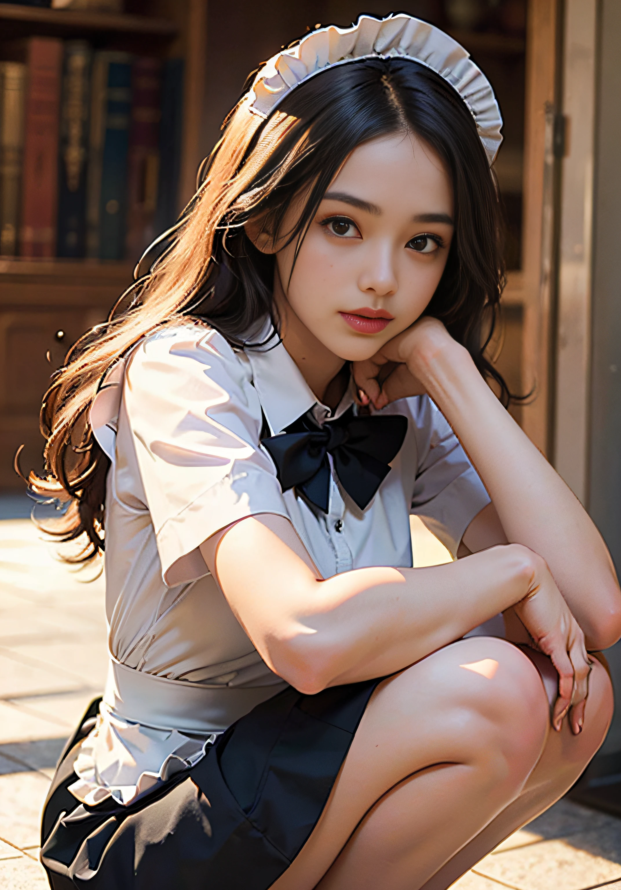 (8K, Raw photo, Best Quality, masutepiece:1.2), high-definition RAW color photography, professional photograpy,  (Realistic, photographrealistic:1.37), ((Best Quality)), 20 year old woman, Cinematic Light, (finerly detailed face:1.2), (masutepiece:1.5), (Best Quality:1.2), (Mole:0.5), (Smiling:0.9), (Looking at Viewer:1.2), hugging own legs, Squatting, Wrinkled white panties, bowtie, (Detailed Maid:1.2)