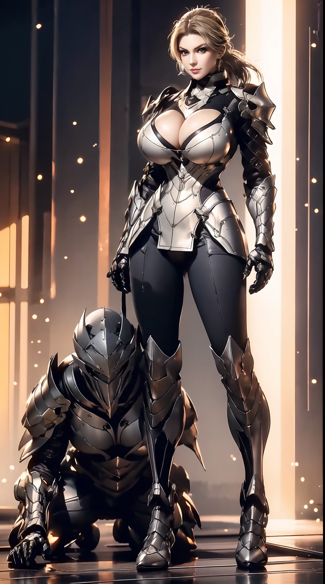 A MATURE WOMAN, (1GIRL), PONYTAIL, HUGE FAKE BOOBS, (BEAUTIFUL FACE), KNIGHT ARMOR BODY, GLOVE, BREASTSPLATE, (CLEAVAGE), (SKINTIGHT YOGA PANTS), (KNIGHT BOOTS), (PERFECT BODY:1.2), (FULL BODY:1.3), FRONT, (STANDING), MUSCLE ABS, UHD, 8K, 1080P.