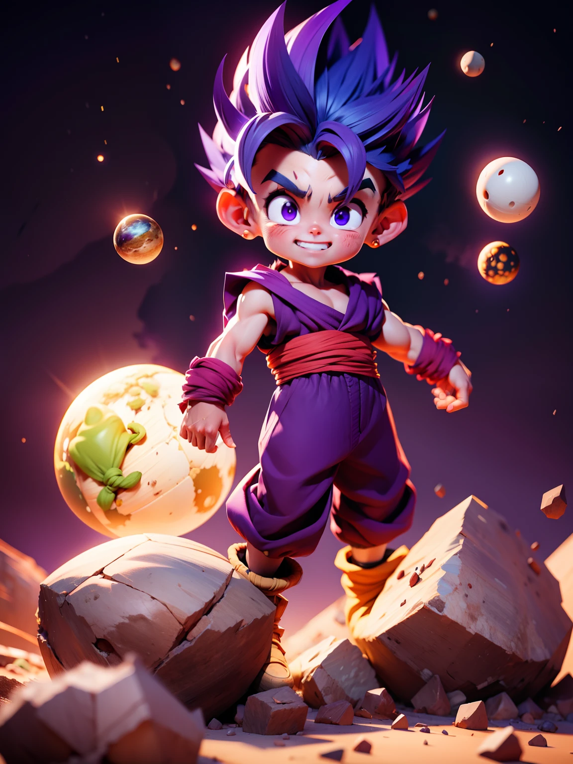obra-prima, melhor qualidade, ultra-detalhado, Adulto Gohan 1boy, solo, corpo inteiro, sorriso maligno, cabelos azuis, cabelo cravado, ((olhos vermelhos))), (((olhos perfeitos))), (((PURPLE dougi))), corpo inteiro, olhando para o espectador, foco masculino, terra \(planeta\), planeta, outer space, cracked ground and many rocks rising, muitos detritos subindo, perfect hands .