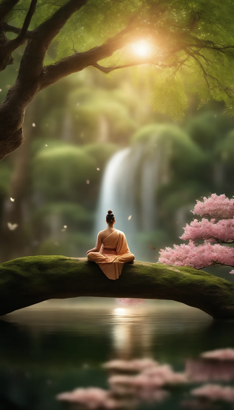 (best quality,4k,highres,masterpiece:1.2),ultra-detailed,(realistic,photorealistic,photo-realistic:1.37),a person meditating in a zen garden,peaceful and serene atmosphere,beautifully landscaped garden with lush greenery,golden sunlight filtering through the trees,natural elements such as rocks and water features,tranquil pond with colorful koi fish,surrounded by blooming cherry blossom trees,gently floating petals in the air,soft sound of wind chimes in the background,harmony between nature and human spirit,calm expression on the person's face,deep meditation posture,eyes closed and hands resting on knees,soft rays of light shining on the person's face,hint of incense lingering in the air,subtle fragrance of blooming flowers,sense of inner peace and tranquility,inviting and relaxing atmosphere that promotes spiritual well-being,zen minimalistic art style,subtle color palette with shades of green and pink,overall warm and soothing ambiance,gentle and natural lighting creating peaceful shadows.