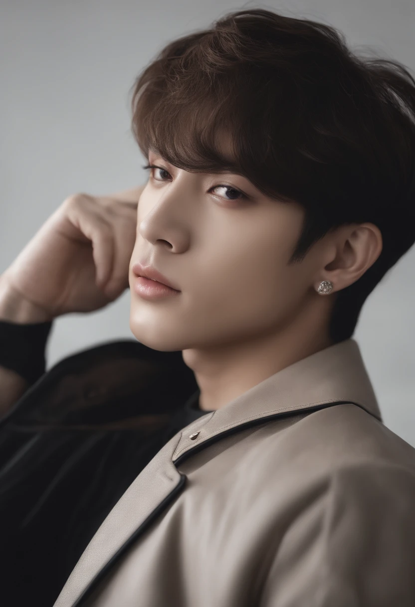 Uma foto realista, fotorrealista: 1.4 Arte oficial, ultra detialed, Beautiful and aesthetically pleasing, bonito, master part, da melhor qualidade, homem elegante, tatuado no rosto,leather jacket, Parece reto,um closeup de um, jungkook do bts