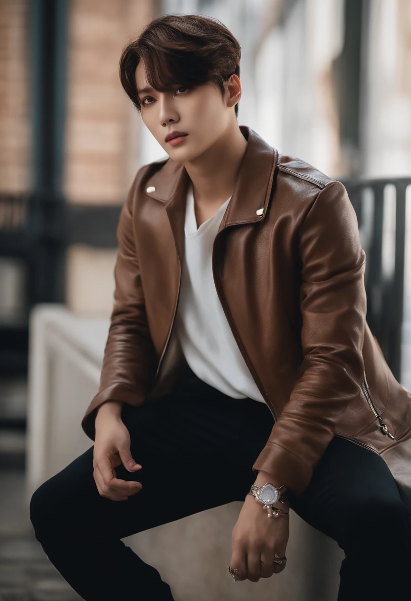 Uma foto realista, fotorrealista: 1.4 Arte oficial, ultra detialed, Beautiful and aesthetically pleasing, bonito, master part, da melhor qualidade, homem elegante, tatuado no rosto,leather jacket, Parece reto,um closeup de um, jungkook do bts