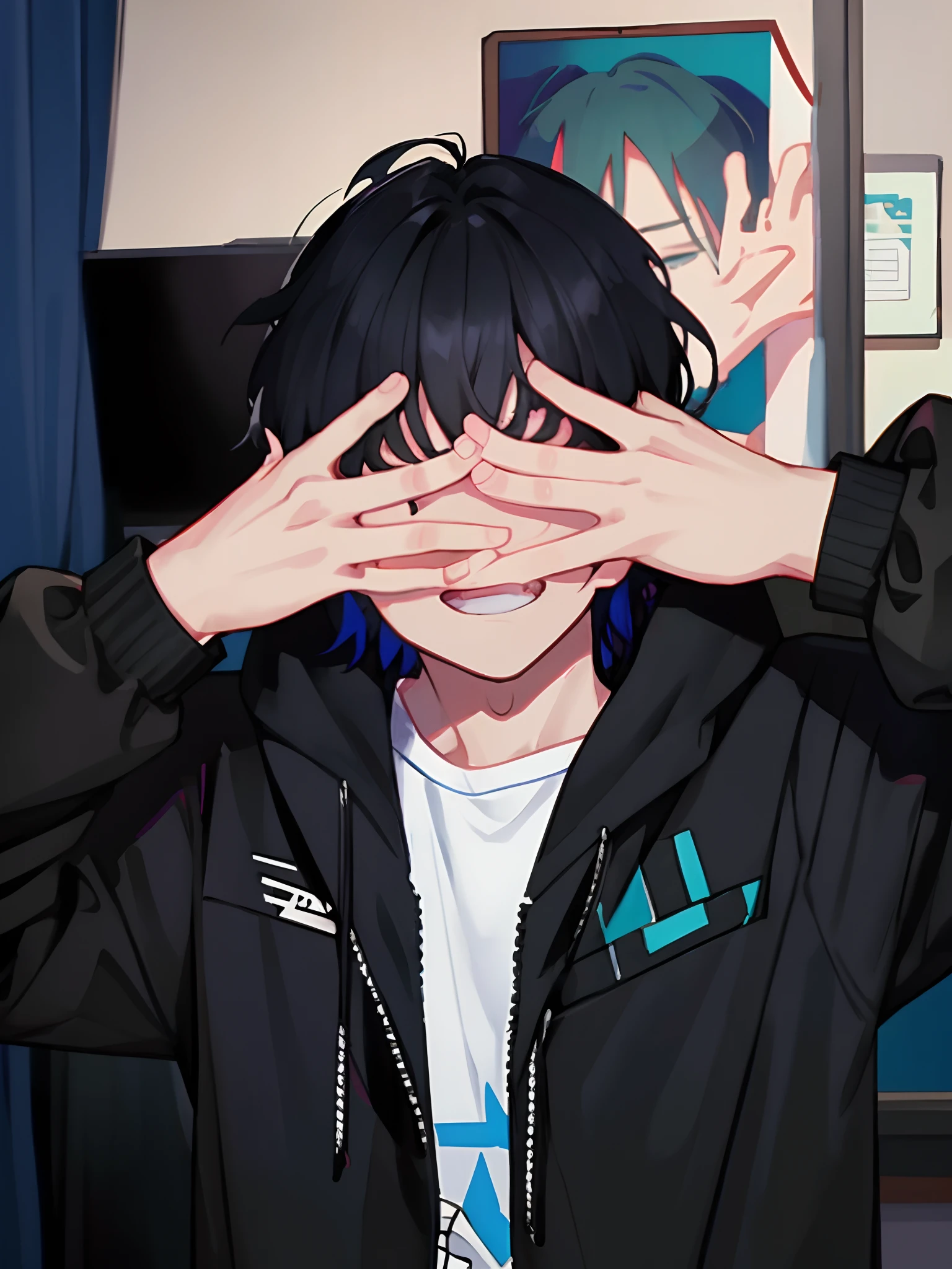 anime boy with black hair covering his eyes with his hands, 2 d anime style, with index finger, anime style 4 k, anime style. 8k, anime moe artstyle, trigger anime artstyle, digital anime illustration, high quality anime artstyle, anime artstyle, anime style portrait, anime vibes, badass anime 8 k, clean detailed anime style