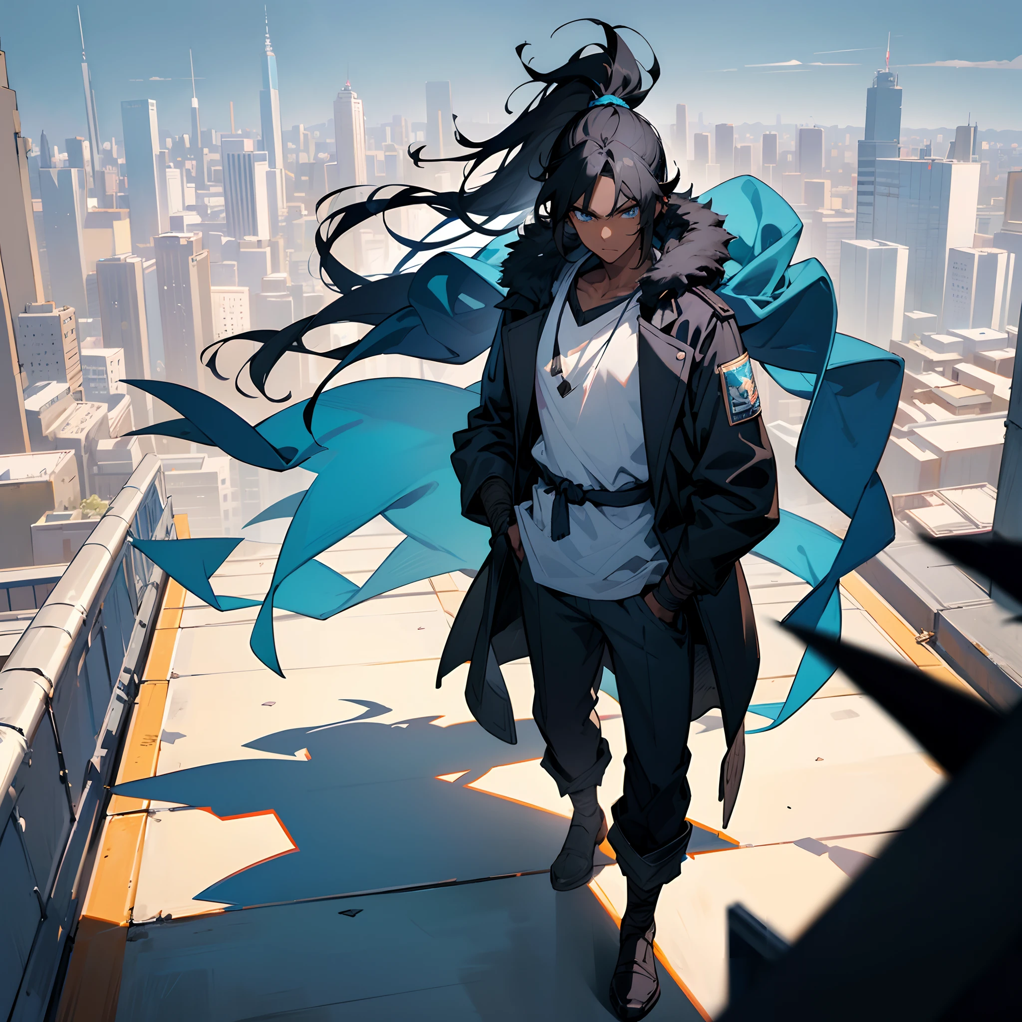 1male, young adult, messy medium length black hair in ponytail, bright blue eyes, walking down path, dark skin, bandages wrapped around arms, best light and shadows, large city, rooftop, posing with hands in pockets, modern clothes, fur jacket with oversized hood