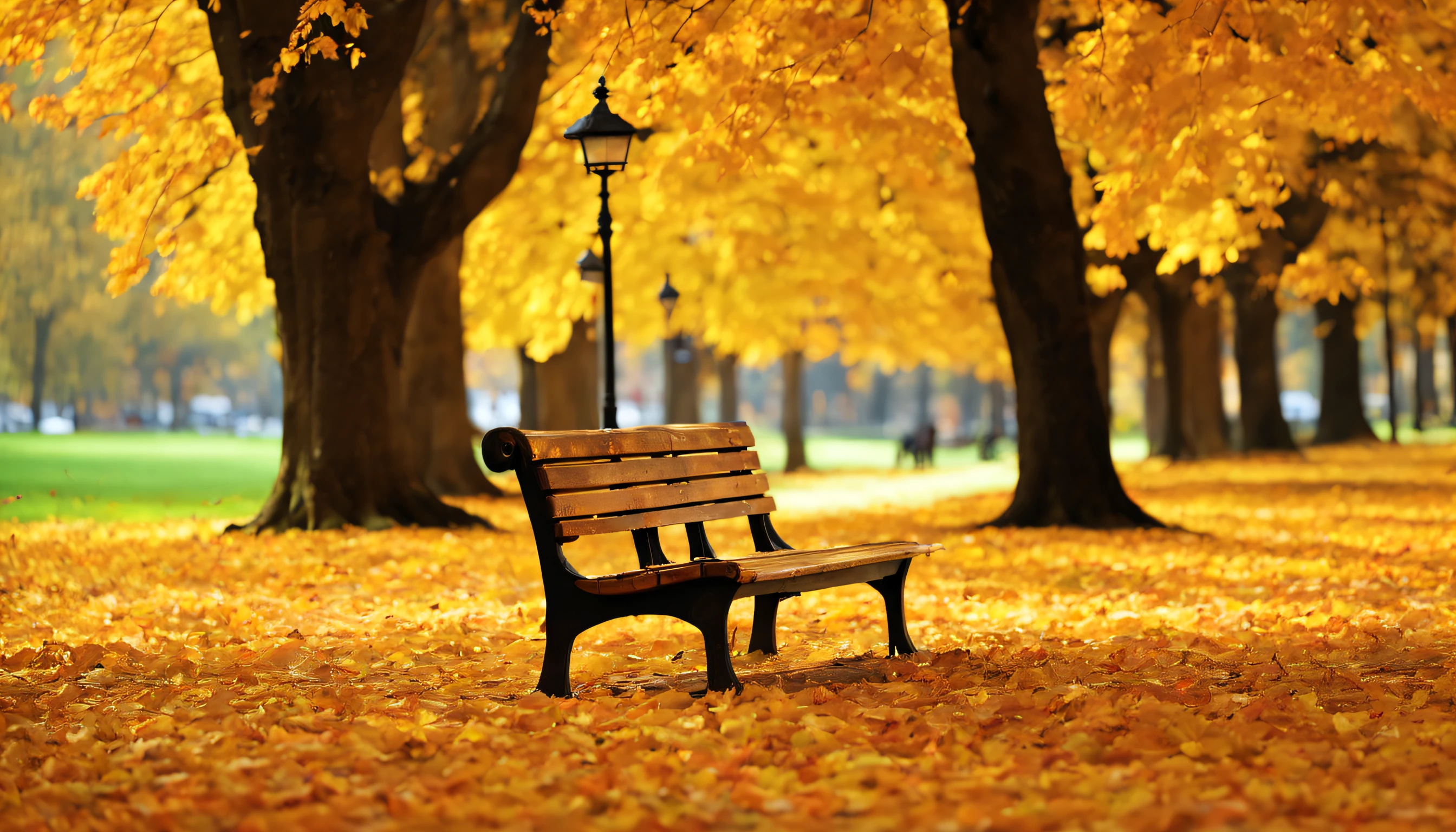 there is a bench that is sitting in the middle of a park, beautiful high resolution, golden autumn, beautiful wallpaper, autumn season, hd wallpaper, in the autumn, during autumn, benches, in autumn, beautiful image, autumn tranquility, bench, autumn background, high quality wallpaper, autumn leaves falling, in fall, sitting on a park bench