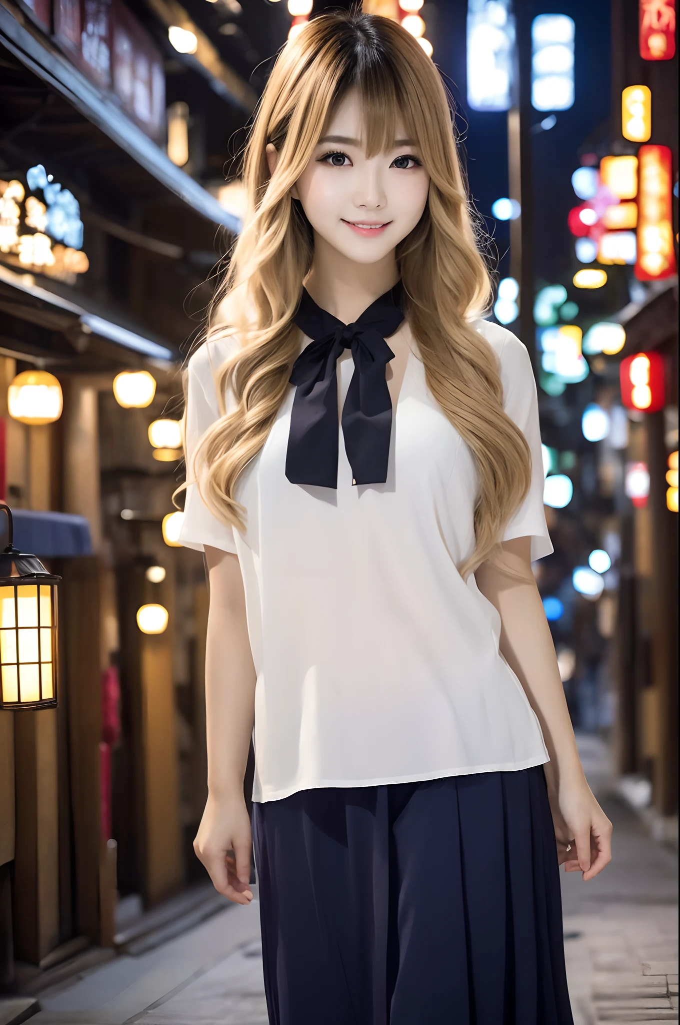 A Japanese Lady、Autumn Outfit、In the city at dusk、Halloween atmosphere、a blond、a 20 yo woman、Extraordinary Beauty、Silky smooth long hair、long bangs、Dating、Turn around and smile、Absolute idle