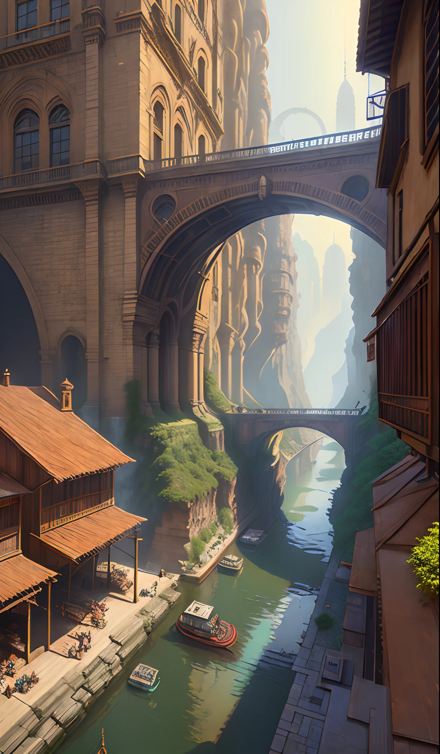 ((masterpiece)),((best quality)),((high detial)),((realistic,))
Industrial age city, deep canyons in the middle, architectural streets, bazaars, Bridges, rainy days, steampunk, European architecture