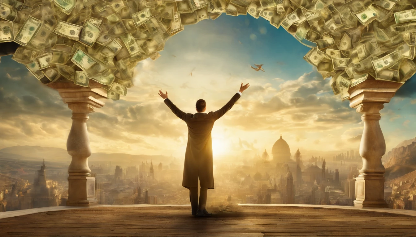 Imagine an image that symbolizes prosperity in a vivid and authentic way. In it, you will see a stunning and luxurious scene with mountains of money in various denominations such as dollar bills, euro and other international currencies arranged in an impeccable manner. The lighting is perfect, highlighting each note and coin, highlighting the details of the textures and security elements.

In the center of the image, a happy and confident person is surrounded by this wealth, smiling with gratitude and fulfillment. The expression on the person's face reflects the feeling of achievement and prosperity. The colors are vibrant, the details are sharp and the environment is rich in symbolism of financial success. This image conveys the idea of ​​prosperity in an undeniable way, with impressive realism and unparalleled image quality.