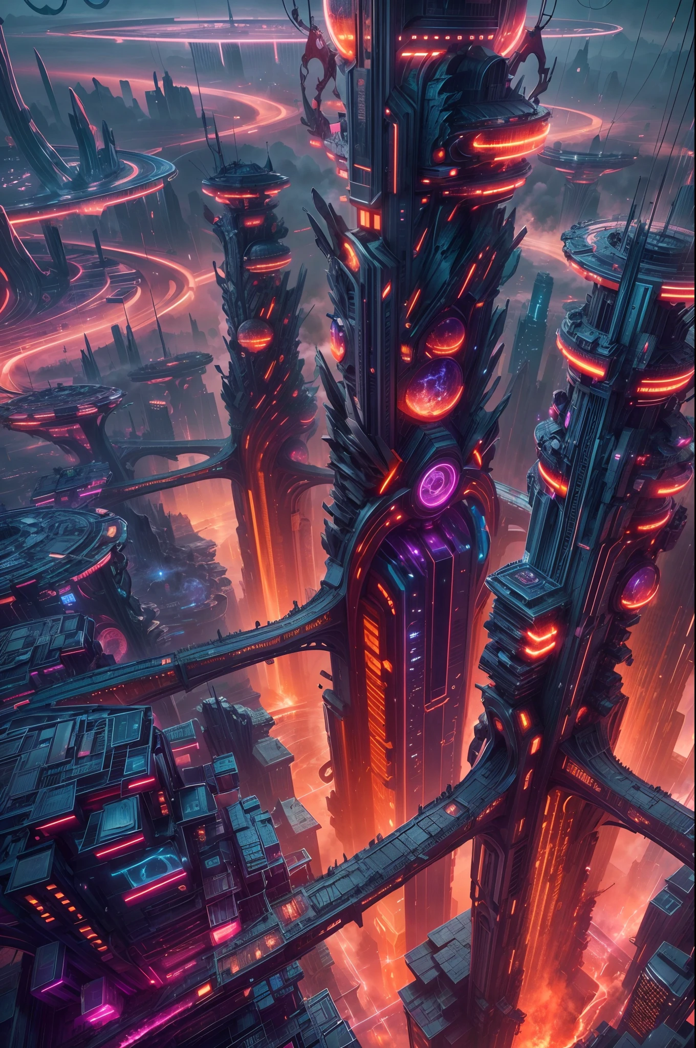 image of an otherworldly city, a futuristic city, a giant high tech pillar pierce the sky, on the body of the pillar countless of mechanic thicc and long branch, detailed futuristic houses on each branch, wide angle, ultra wide angle, capturing  all the unique city, glowing red and orange ray on pillar and branch, each branch is link together by high tech bridge, futuristic, night time, glowing the night, branch links together create a circular structure surround the big pillar,