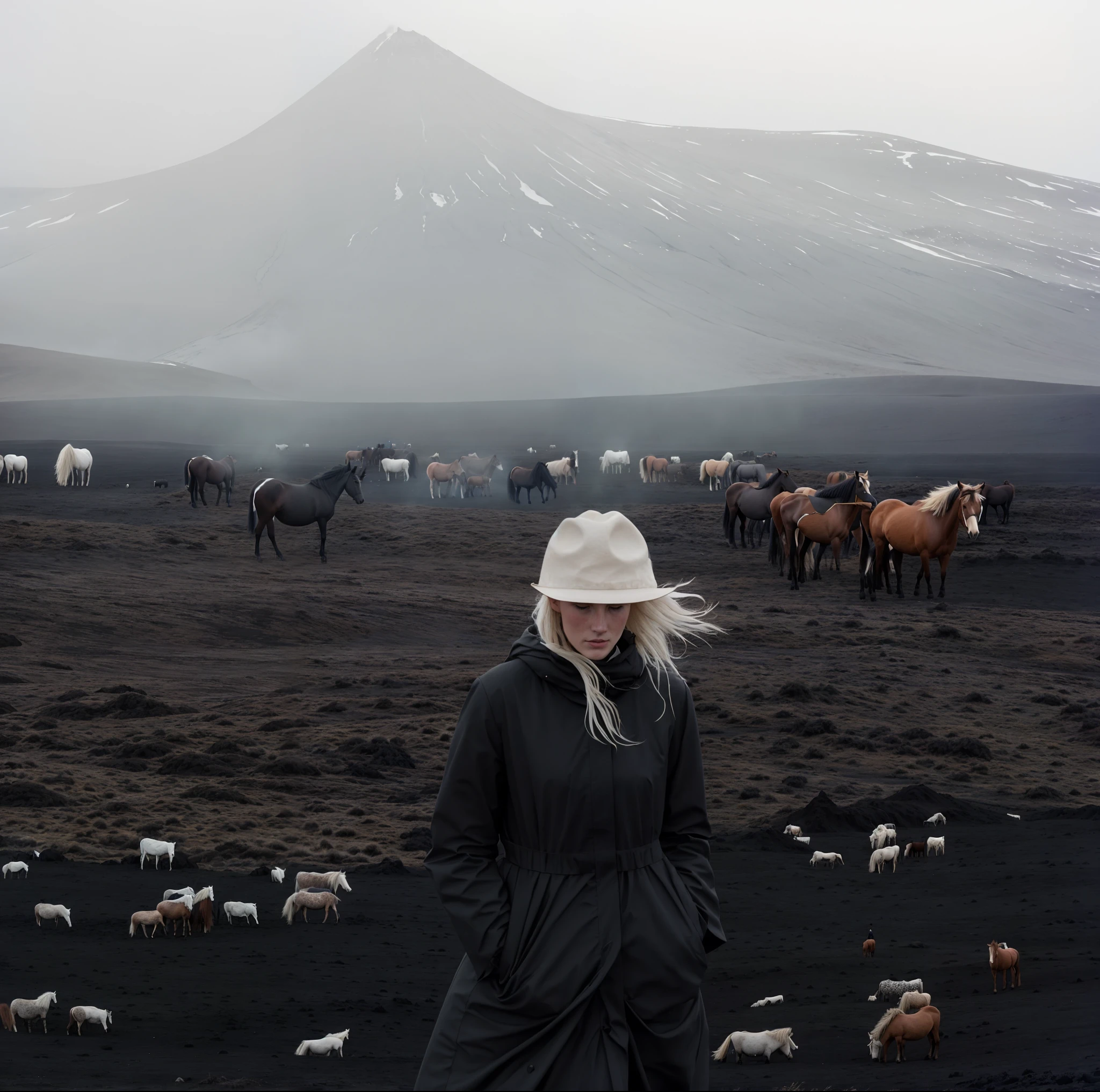 There was a woman standing in front of a herd of horses, Louisa Matthiasdotil, iceland photography, in volcano, iceland, julia hetta, Inspired by Anne Leibovitz, sci-fi of iceland landscape, inspired by Louisa Matthíasdóttir, in a surreal dream landscape, victoria siemer, eerie moorlands behind her