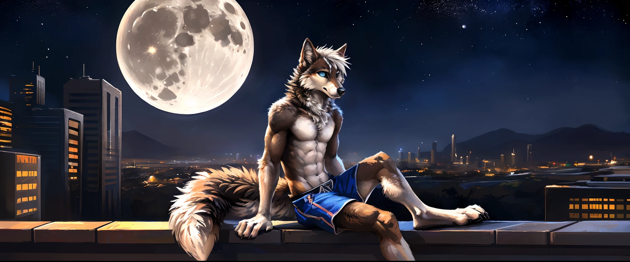 ((Solo)), male people, anthro wolf, (Multi-colored fur, White-brown:1.3, White tail pointed), ((Wolf face, White hair, Big eyes, White eyelids, Blue pupil, Slim:1.2) (Tough, Calm expression:1.2)), Abs, Slim, pinging)), (Correct body anatomy), (Work shorts:1.1), The upper body is naked, (detailed outfits),A big tail,Feet,Long legs,(Realistic fur, Detailed fur texture, labeled:1.3)), (Natural lighting), Photorealistic, Hyperrealistic, ultradetailed, by Kenket,In the modern city,Roof roof,the night,Sit alone,Look at the full moon,It was dark,Starry