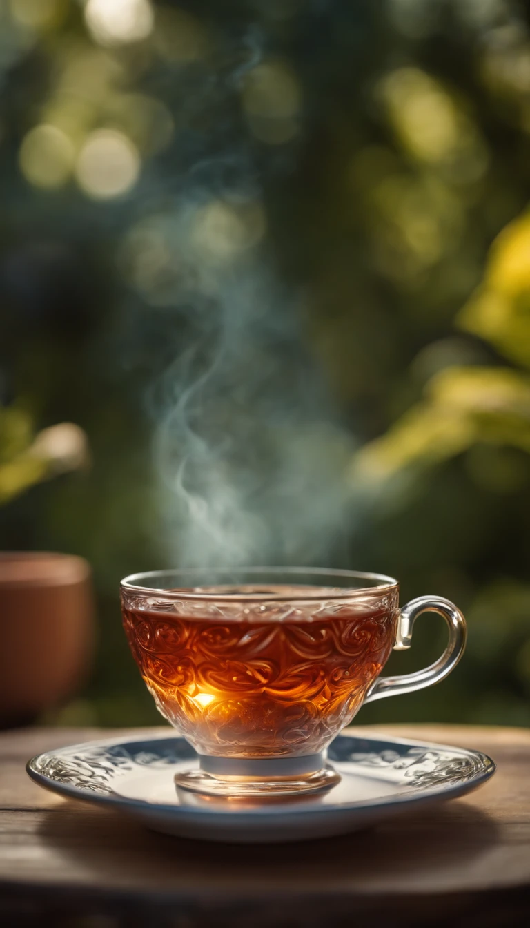 (tea cup:1.1,illustration),(steam:1.1,swirling),(relaxation,balance),vibrant colors,lush garden background,dimmed lighting