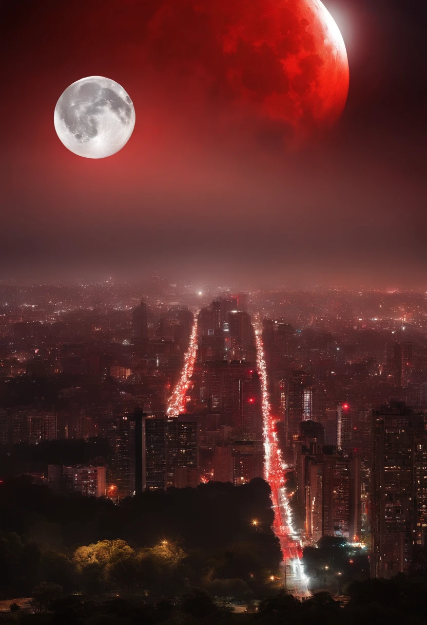 Masterpiece, (Perfect Quality), (Red & White),In a flat landscape, (1 moon), (Giant Night Metropolis), (Huge red moon), mist