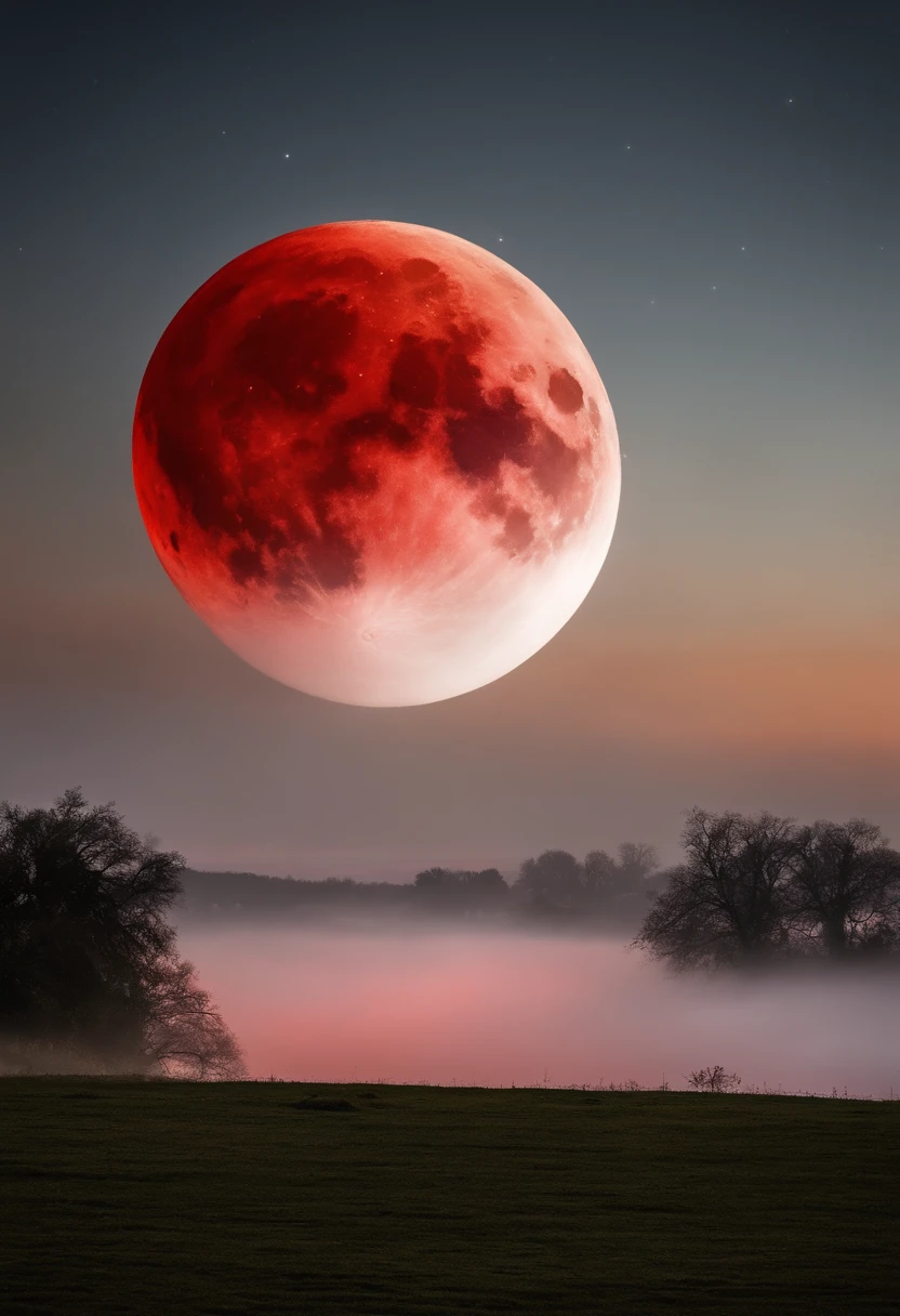 Masterpiece, (Perfect Quality), (Red & White),In a flat landscape, (1 moon), (Giant Night Metropolis), (Huge red moon), mist