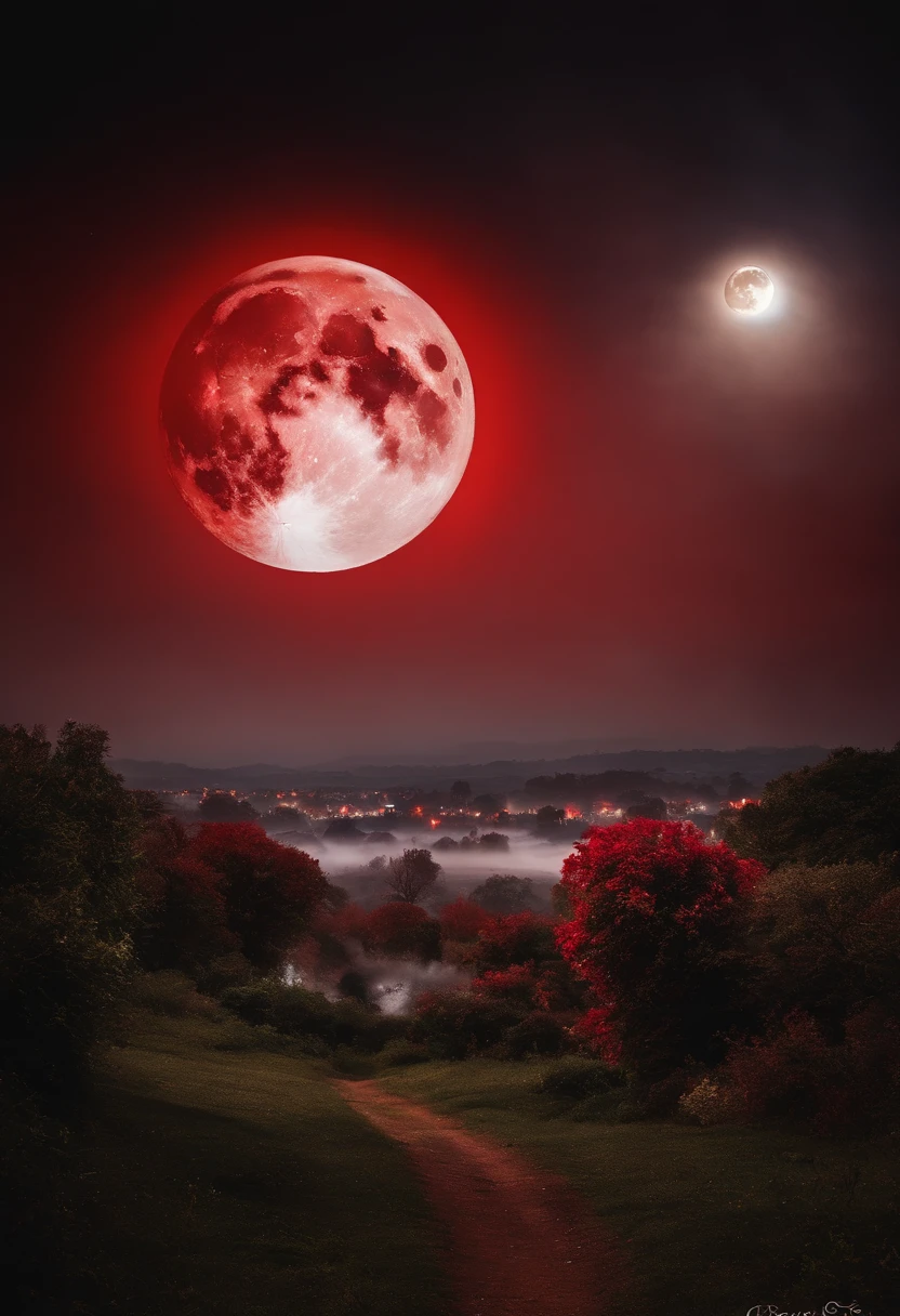Masterpiece, (Perfect Quality), (Red & White),In a flat landscape, (1 moon), (Giant Night Metropolis), (Huge red moon), mist
