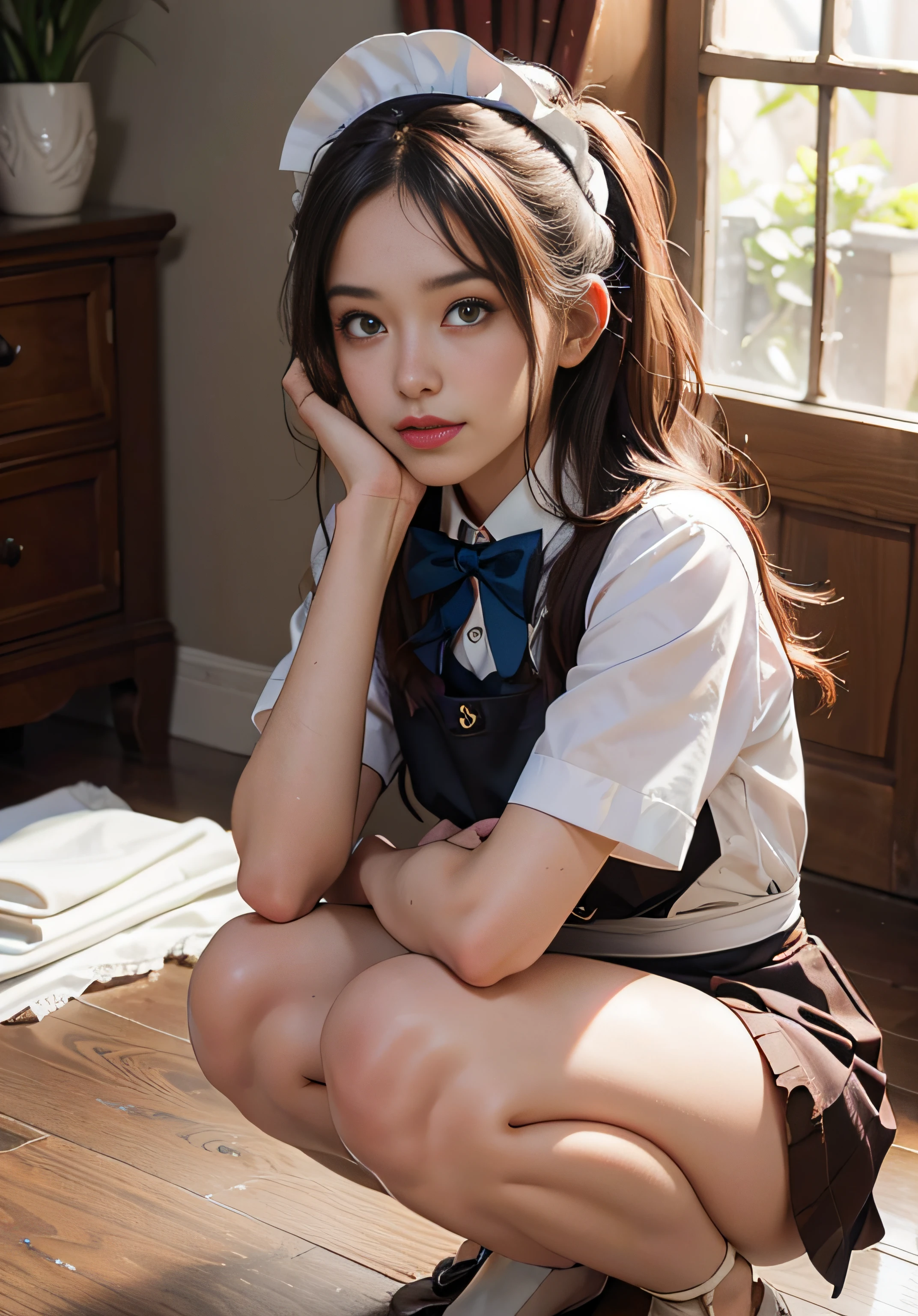 (8K, Raw photo, Best Quality, masutepiece:1.2), high-definition RAW color photography, professional photograpy, (Realistic, photographrealistic:1.37), ((Best Quality)), 20 year old woman, Cinematic Light, (finerly detailed face:1.2), (masutepiece:1.5), (Best Quality:1.2), (Mole:0.5), (Smiling:0.9), (Looking at Viewer:1.2), hugging own legs, Squatting, Wrinkled white panties, bowtie, (Detailed Maid:1.2)