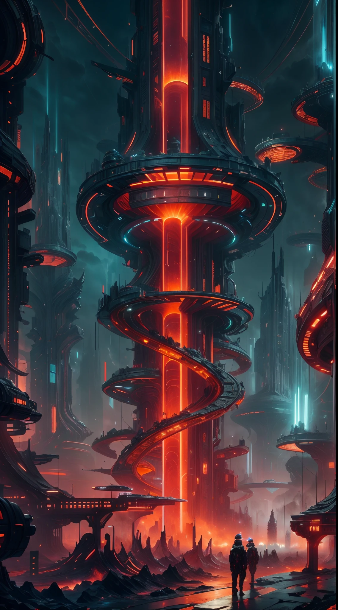 image of an otherworldly city, a futuristic city, a giant high tech pillar pierce the sky, on the body of the pillar countless of mechanic thicc and long branch, detailed futuristic houses on each branch, wide angle, ultra wide angle, capturing  all the unique city, glowing red and orange ray on pillar and branch, each branch is link together by high tech bridge, futuristic, night time, glowing the night, branch links together create a circular structure surround the big pillar,