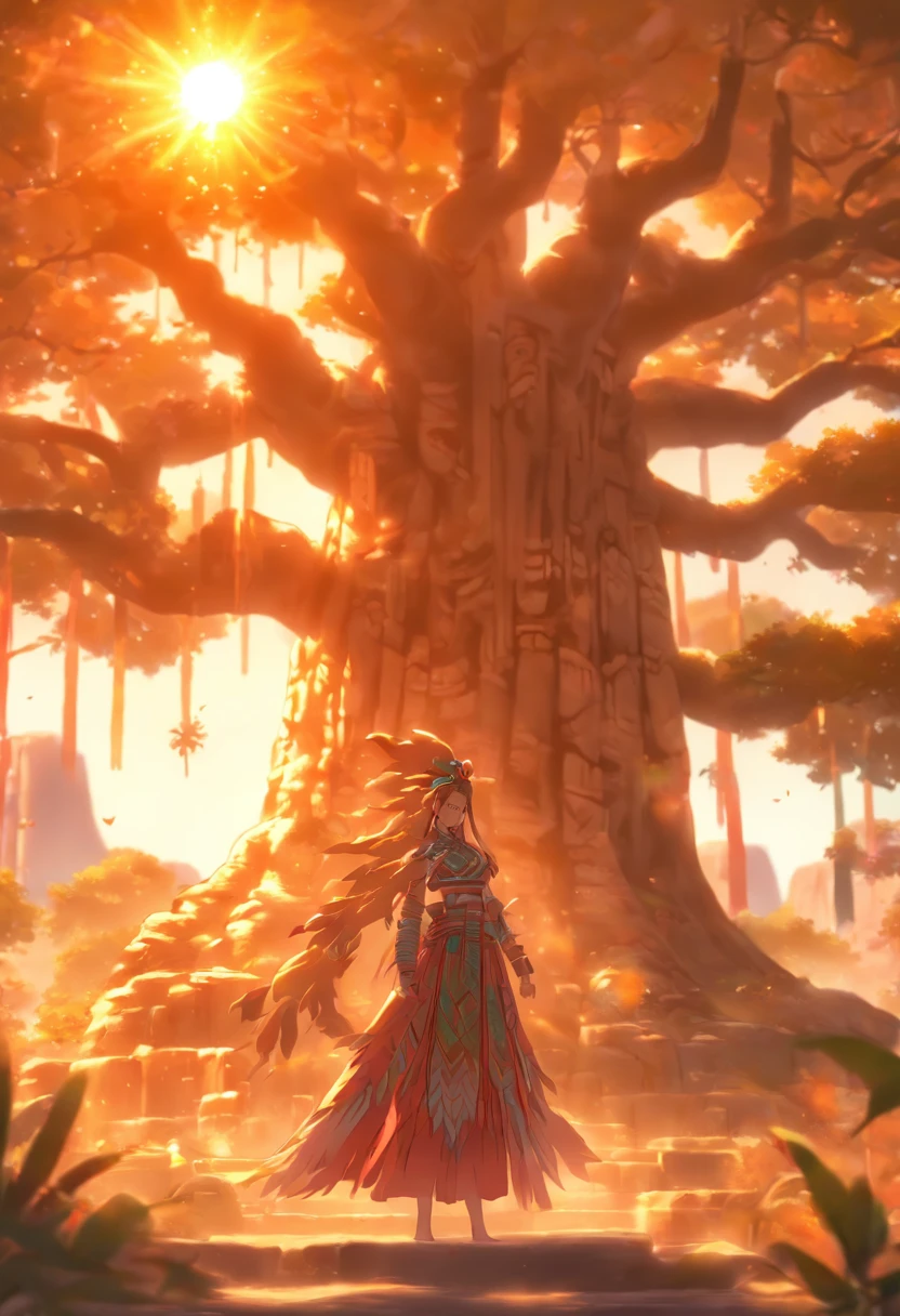 (((a beautiful tree)))best quality, ultra-high resolution, 4K detailed CG, master piece,Xquic, woman,Mayan clothing,Mayan mythology,under a tree, desert, sunlight,((tree) ) Mexico, aesthetics, Beautiful image, centered on the screen