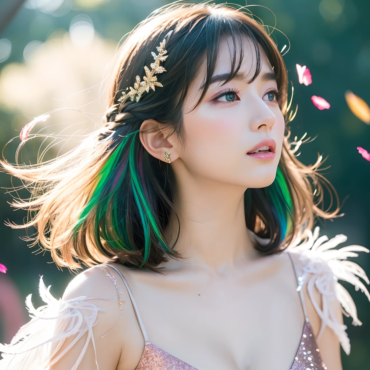 The best images, Face Focus, Portrait, Detailed and delicate depiction, Slightly upward profile, Beautiful cute sexy woman, Amorous expression, lewd expression, Ecstasy, , Pale pink shiny braided bangs iridescent messy short hair, large emerald-green eyes, Seductive red, moist big thick lips, Fantastic light background, light Particle, light glow, flower petals, White the、Red、gold、Scatter silver glitter and confetti, Iridescent feathers, Professional Lighting