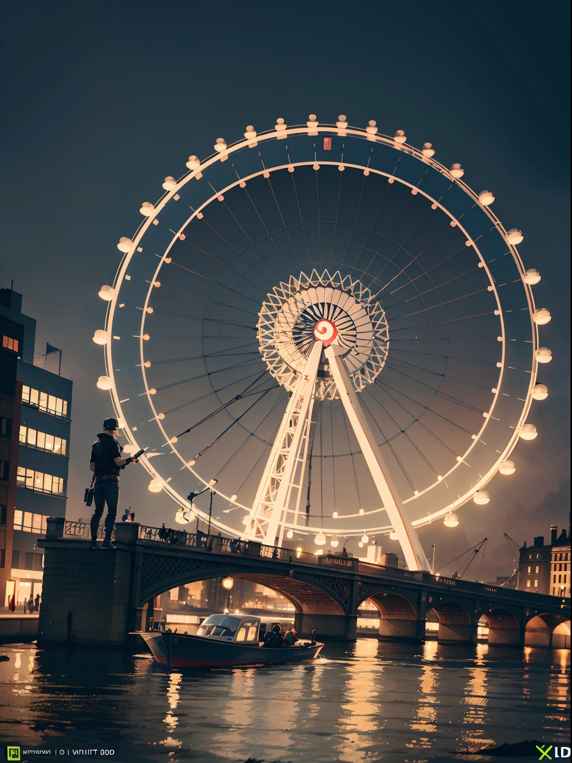 London Eye (Millennium Wheel), Marcus Holloway a character of watch dogs 2 game, UHD detailed graphics, Nvidia RTX ray tracing, AMD FidelityFX Super Resolution, AMD Ryzen 7 rendered, 24K hyperHD