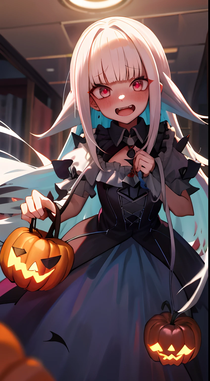 One girl with long hair, white hair, looking at viewer, embarrassed, blushing, indoor, night , haloween dress, vampire dress, vampire teeth, big fangs, open mouth, trick or treat!