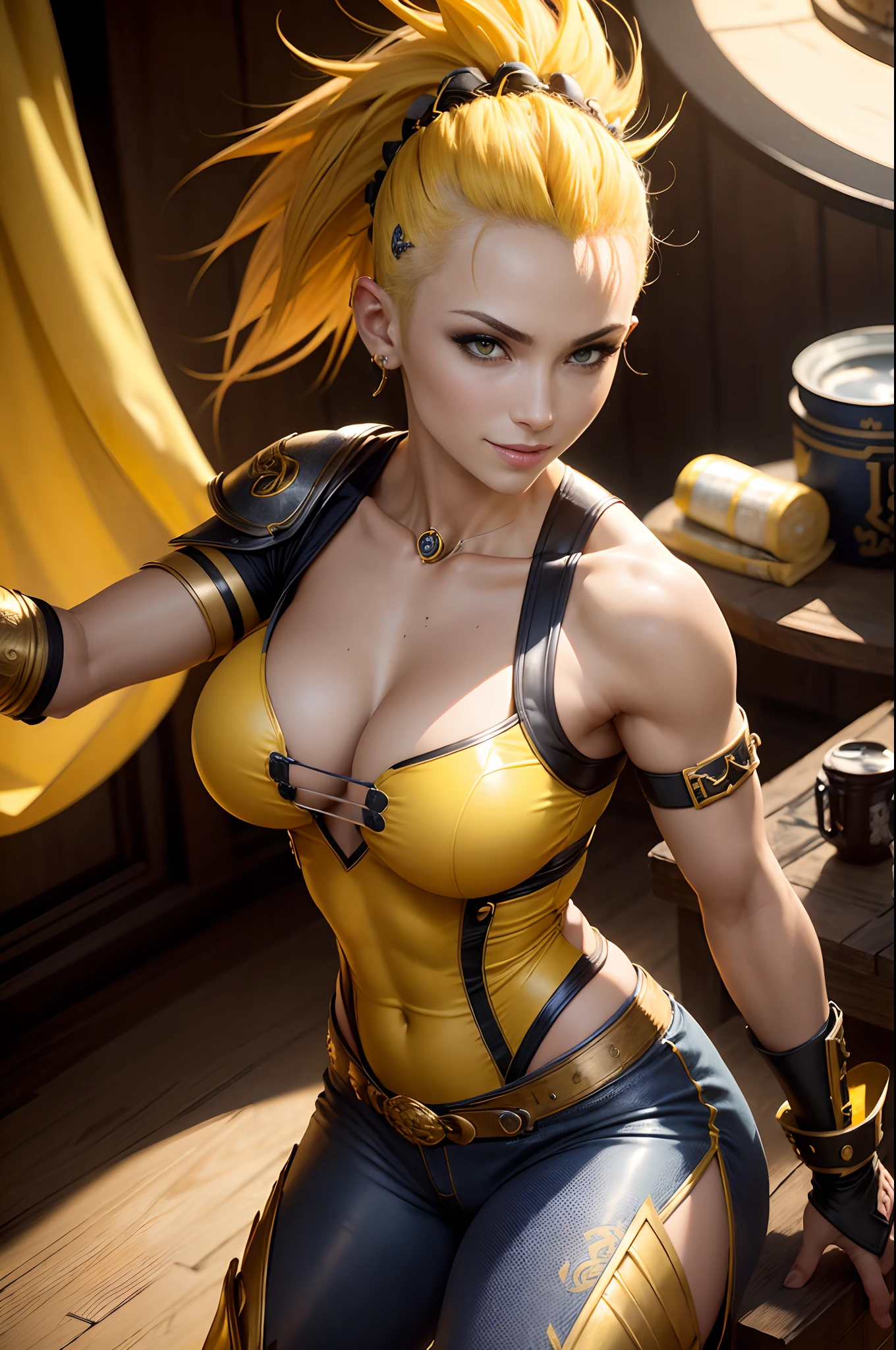 8K, Tarot Cards, (Female Martial Artist), Super beauty (Like the real thing) Yellow mohawk a matural female Blue eyes Sexy yellow chest armor Black and yellow pants Yellow Leg Armor Food and Beer Roundtable Lots of dishes enticing 超A high resolution real looking skin A smile A sexy large full breasts