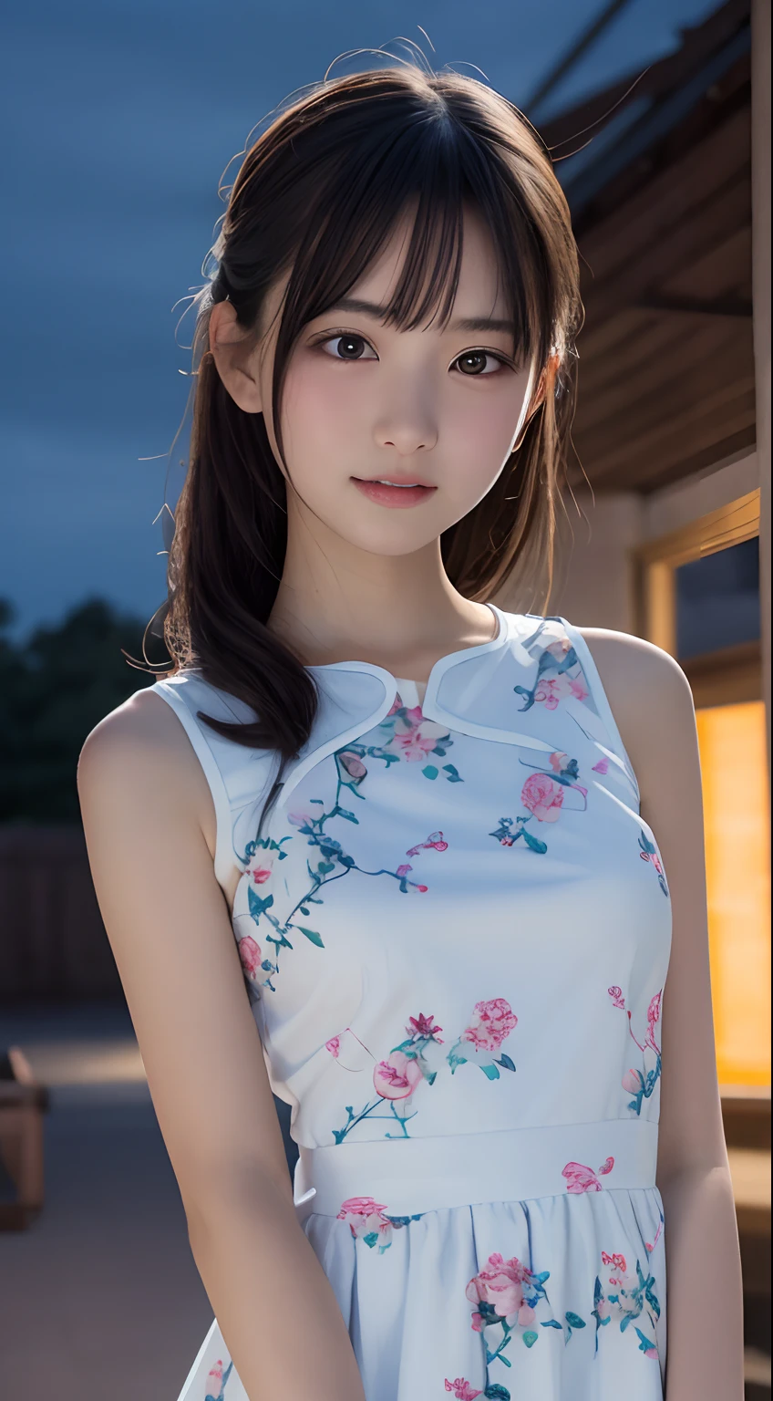 masutepiece, Best Quality, 8K, 10yaers old, Teen, Raw photo, absurderes, award winning portrait, Smile, Solo, (Night:1.8), Idol face, violaceaess, Delicate girl, Upper body, Digital SLR, Looking at Viewer, Candid, Sophisticated,Thin arms, Professional Lighting, Film grain, chromatic abberation, (Eyes and faces with detailed:1.0), (Bokeh:1.1) , (qipao dress:1.1) , closes mouth