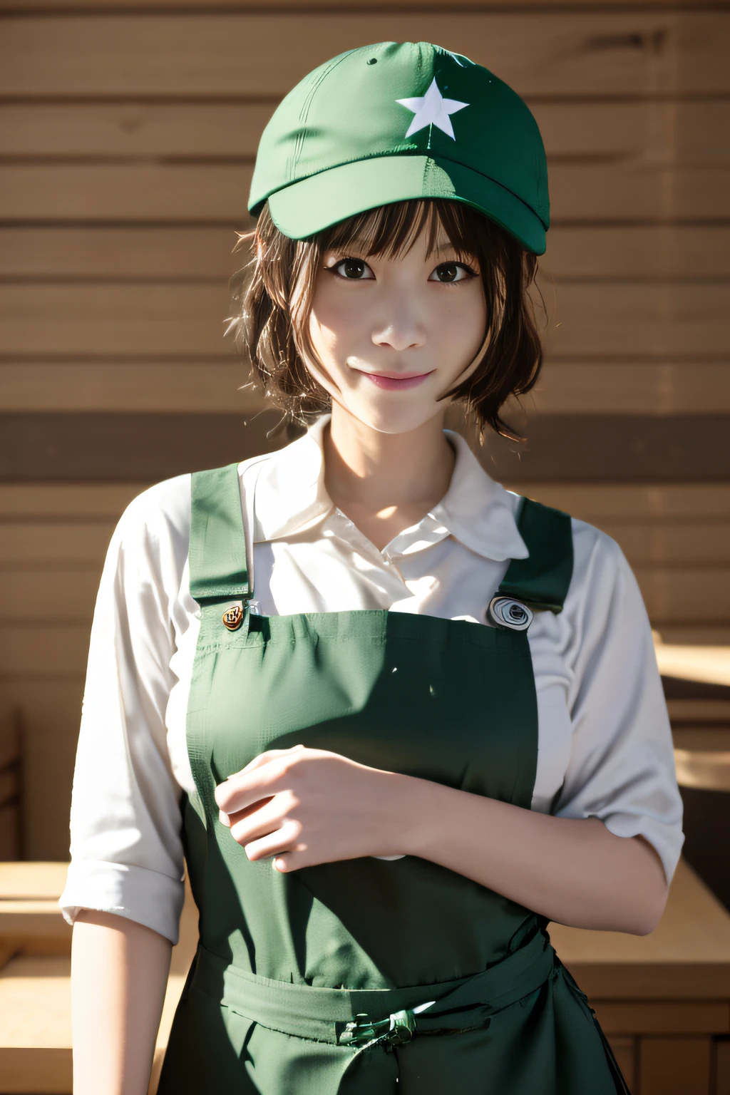 1 girl wearing a green apron for a Starbucks employee，white  shirt，Black pantsuit，Black baseball cap on head，Work at a Starbucks workbench， rim-light，The upper part of the body， 鎖骨， the face， idoly， depth of fields， tilt， Reflective，